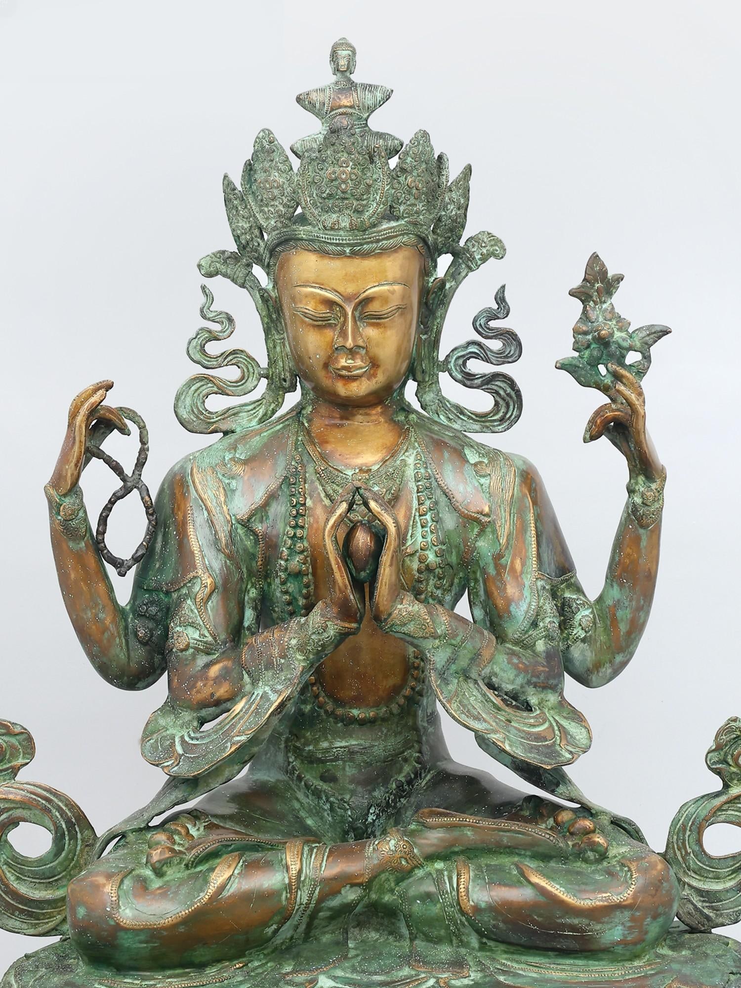28" Tibetan Buddhist Deity - Chenrezig (Four Armed Avalokiteshvara) | Brass Statue - 2