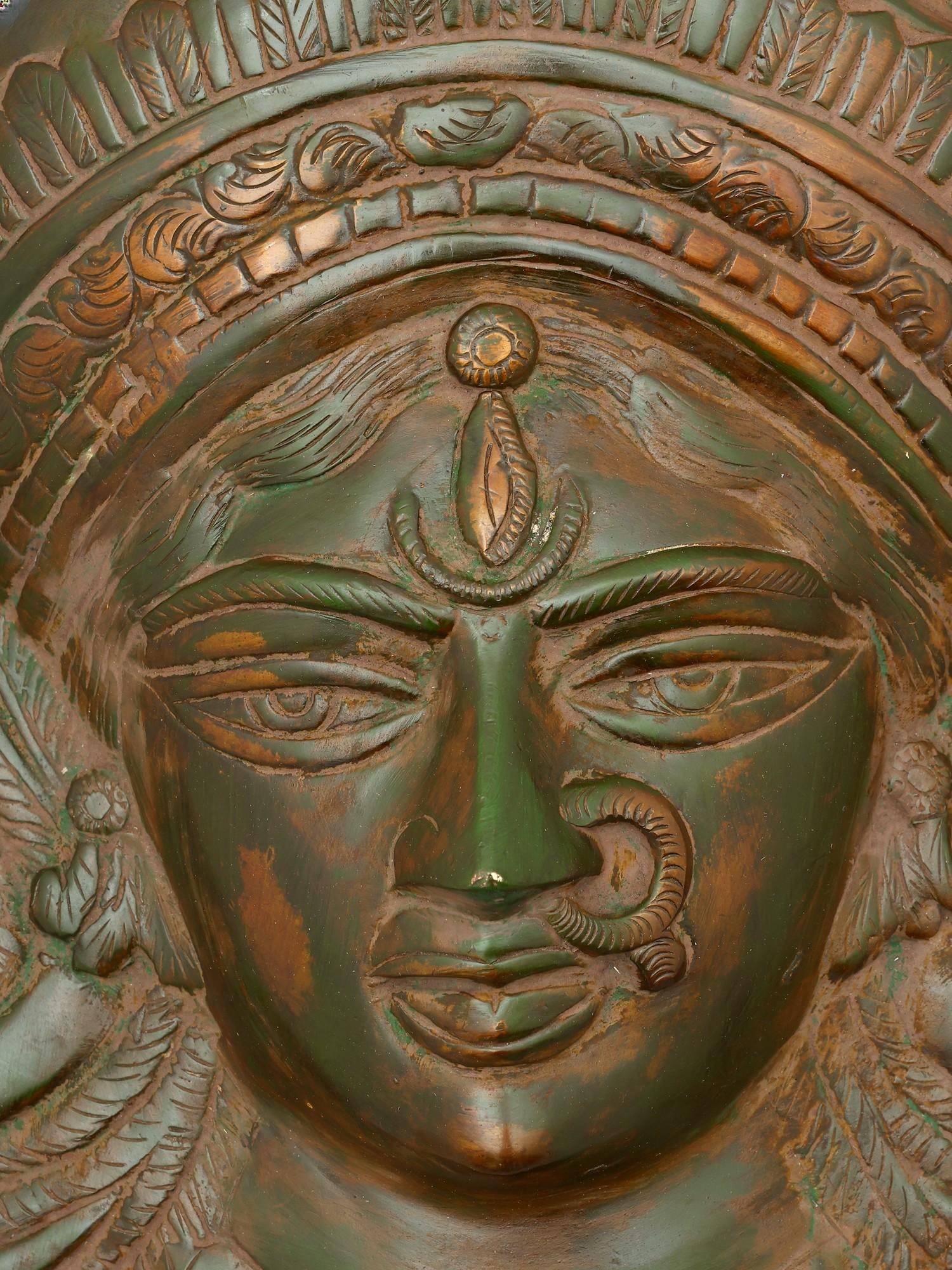 14" Goddess Durga Wall Hanging Mask | Brass Statue - 2