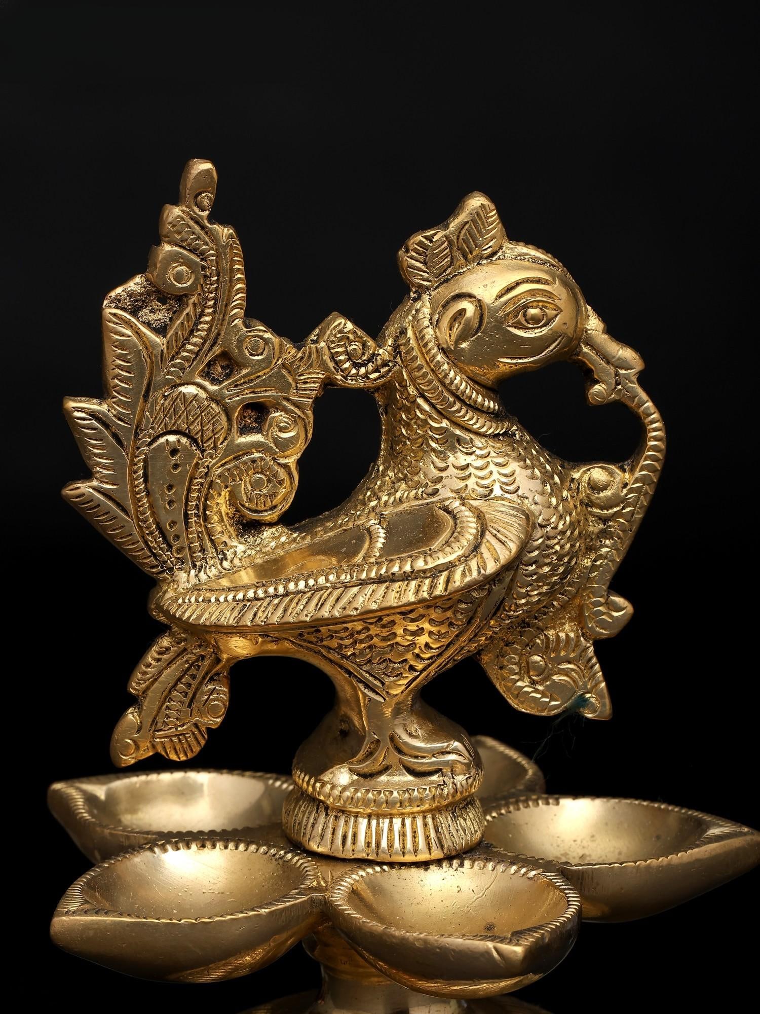 5" Five Wicks Peacock Design Oil Lamp (Deepam/Diya) in Brass - 2