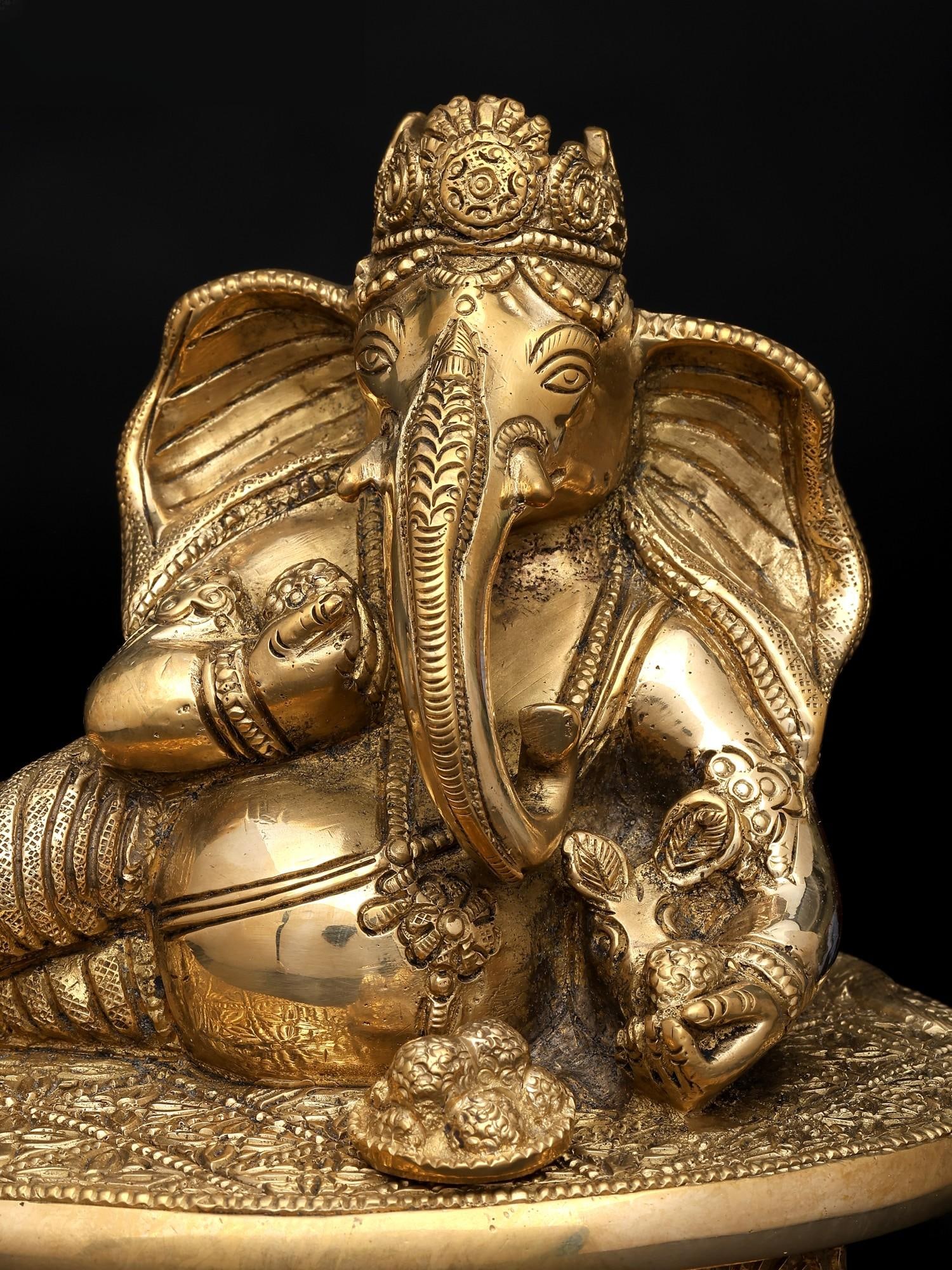 6" Lord Ganesha - The Auspicious Resting Form | Brass Sculpture - 2