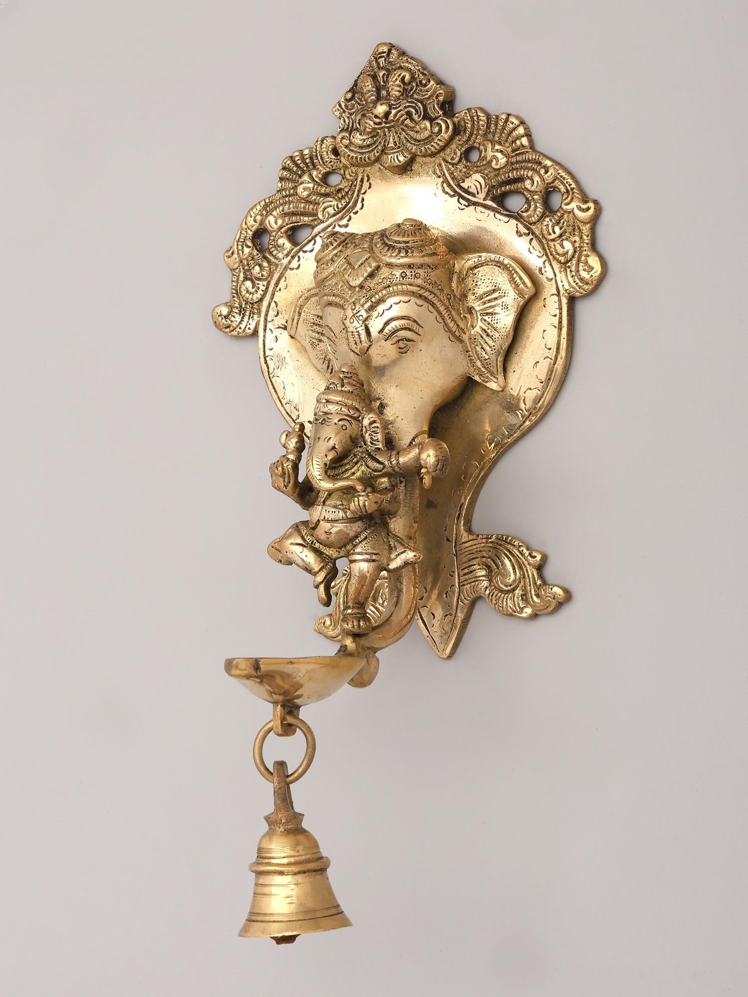 9" Lord Ganesha Wall Hanging Brass Oil Lamp with Bell - 2