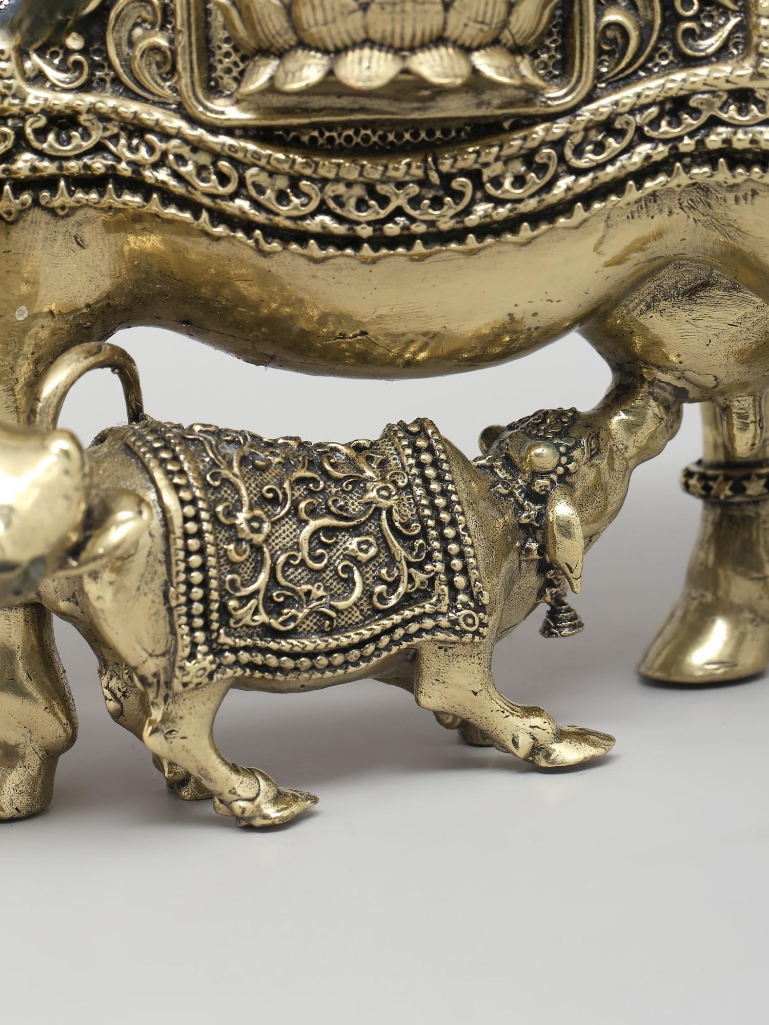 6" Small Superfine Cow and Calf with Ganesha Lakshmi Carving | Brass Statue with Inlay Work - 2
