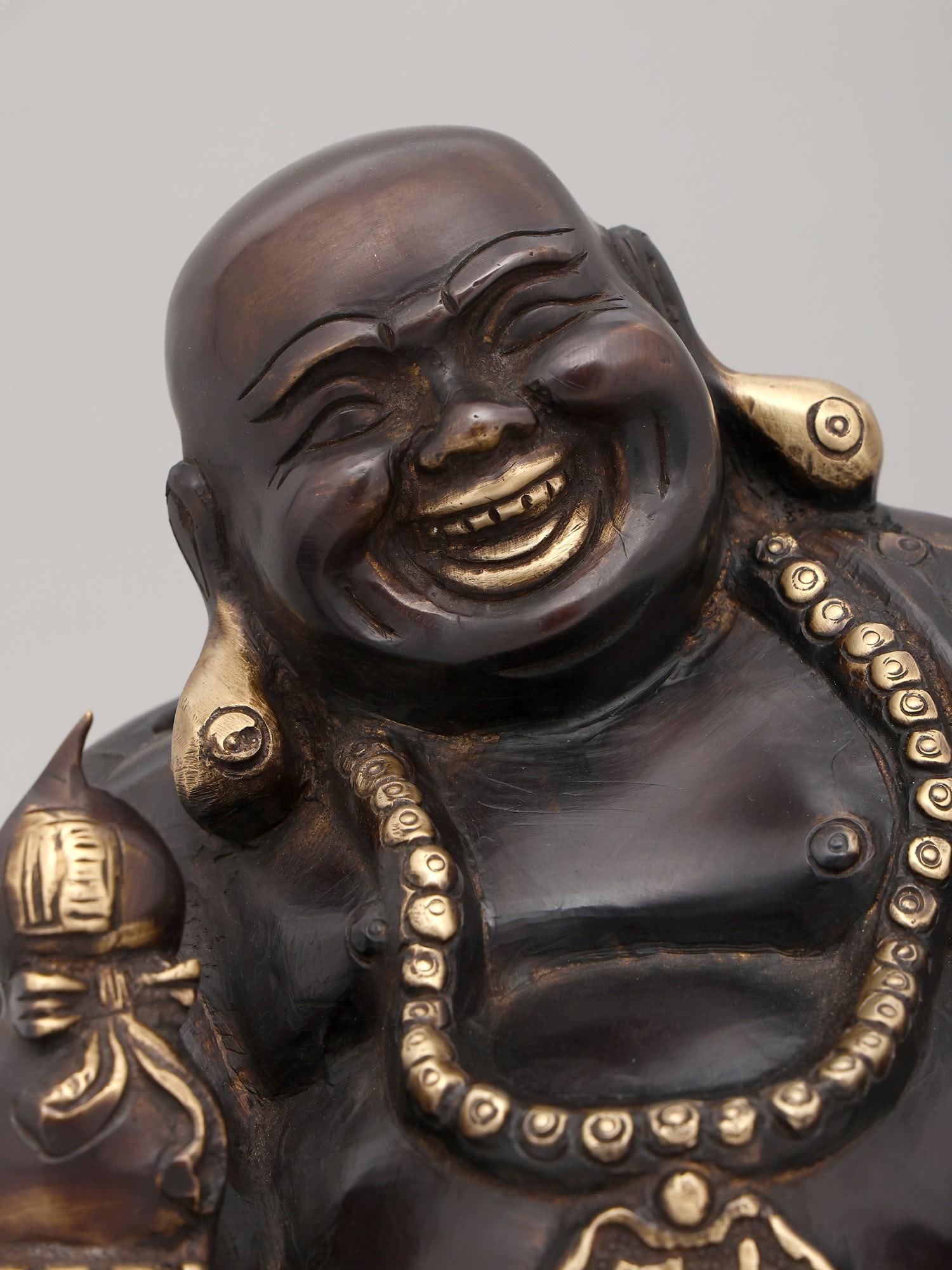 9" Auspicious Laughing Buddha for Wealth & Prosperity | Brass Statue - 2