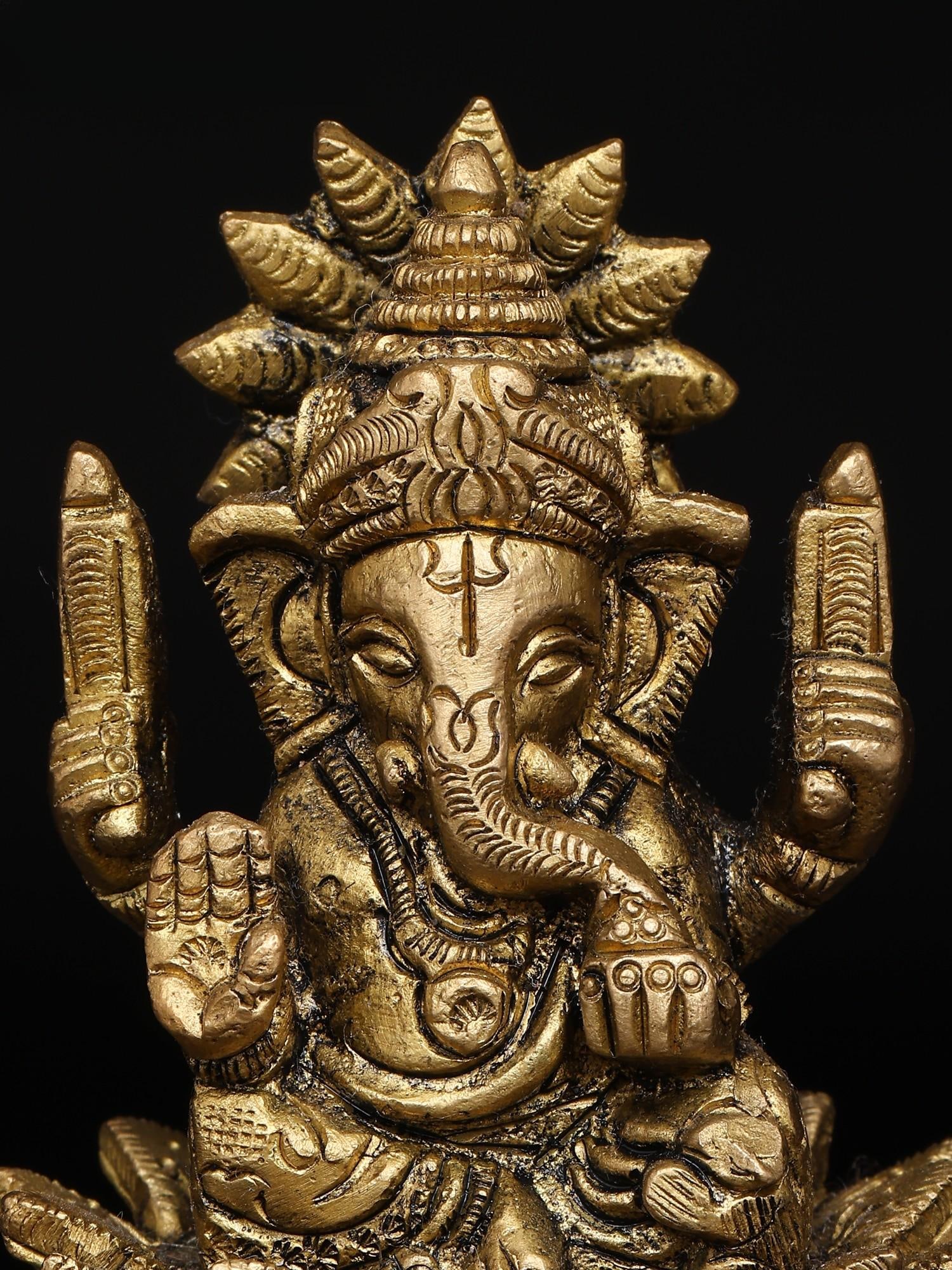3" Small Divine Ganpati in Blessing Pose with Seated on Lotus | Brass Sculpture - 2