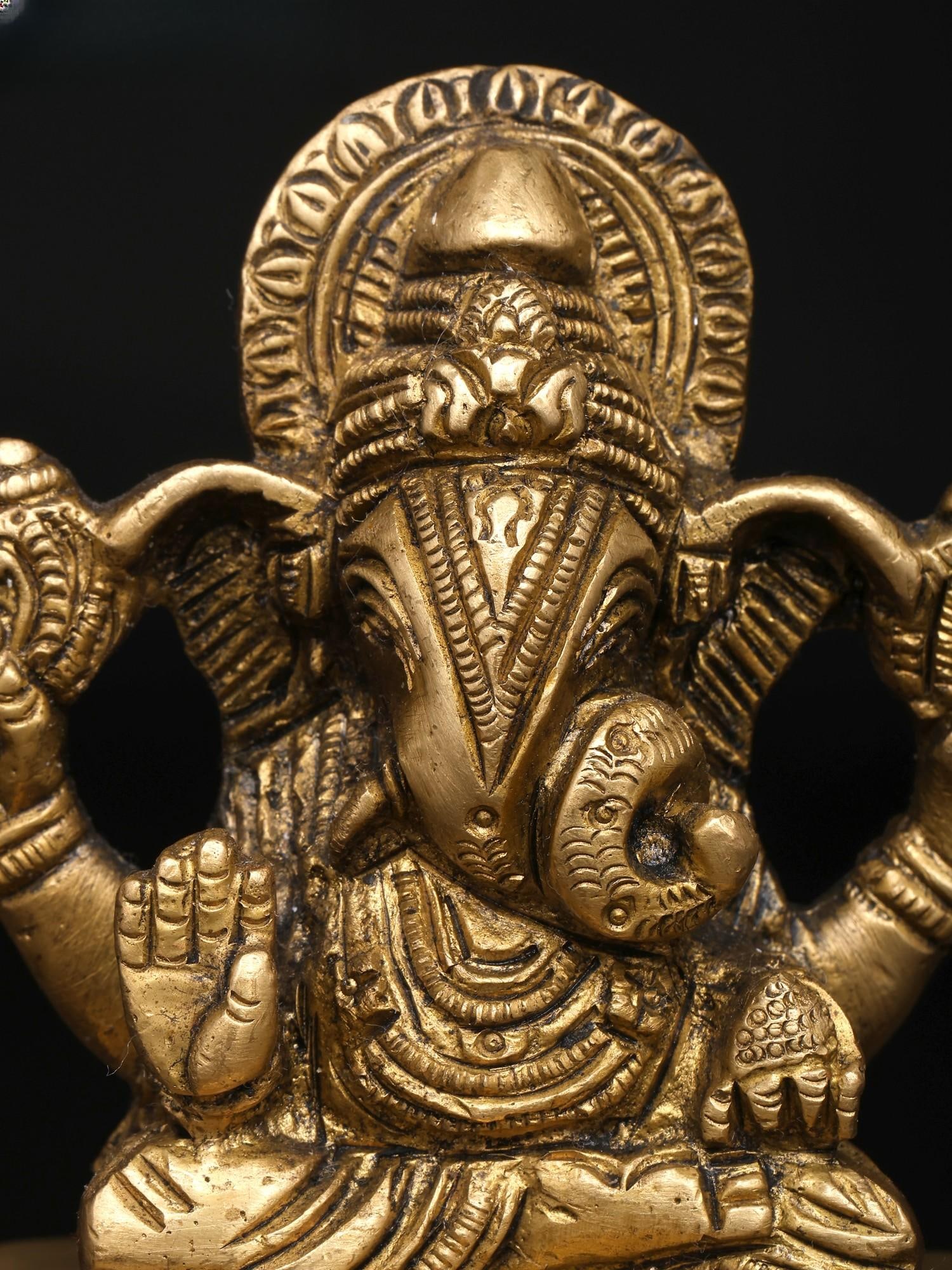 3" Small The Divine Form of Ganesha with Modak and Mouse | Brass Figurine - 2