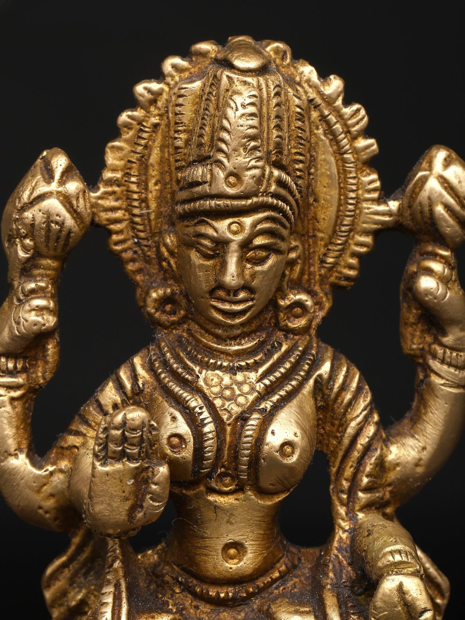 3" Small Divine Lakshmi in Seated Pose with Blessing Hand Gesture | Brass Sculpture - 2
