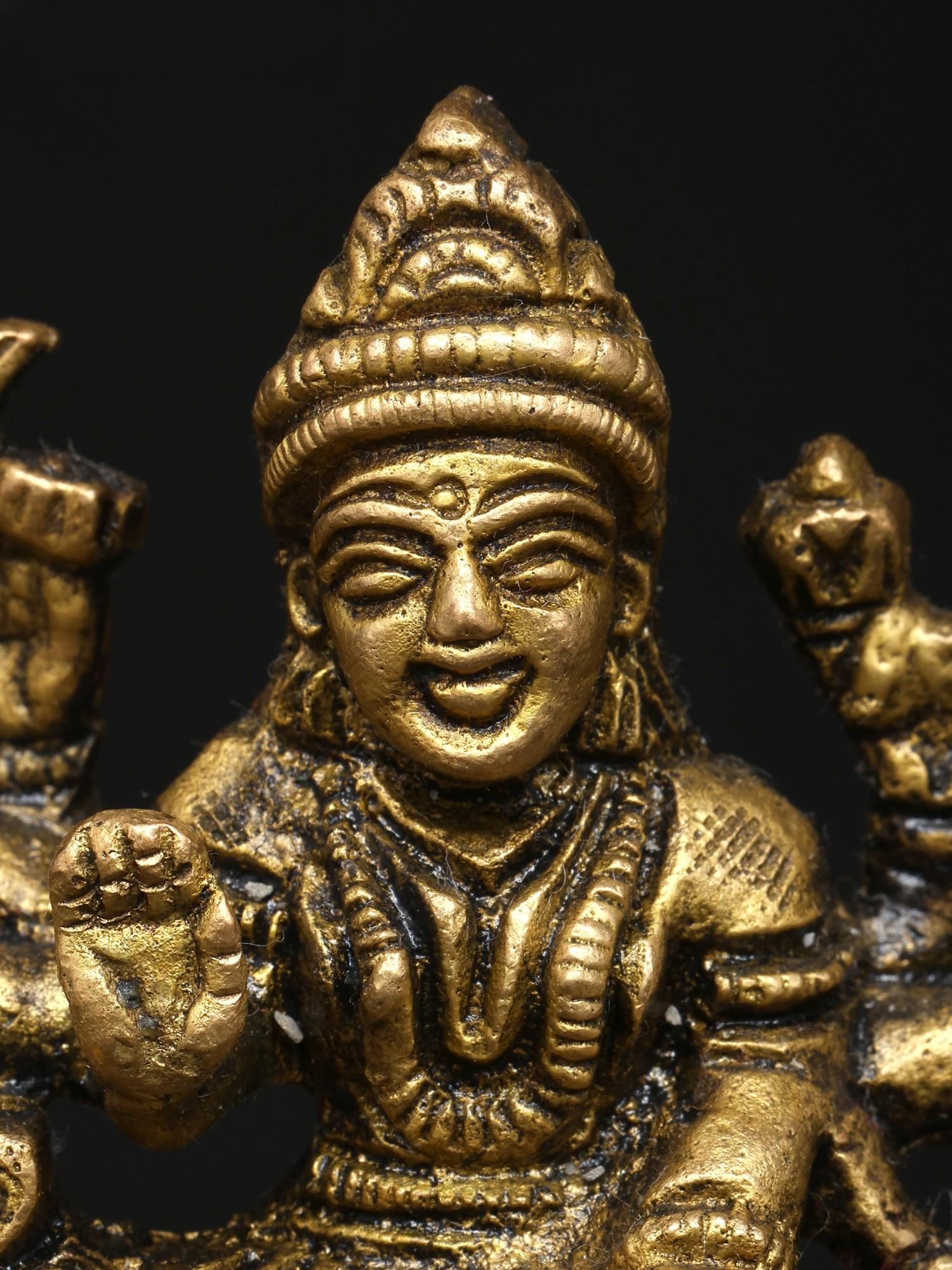 3" Small Goddess Durga in Her Divine Form Seated on Lion | Brass Idol - 2
