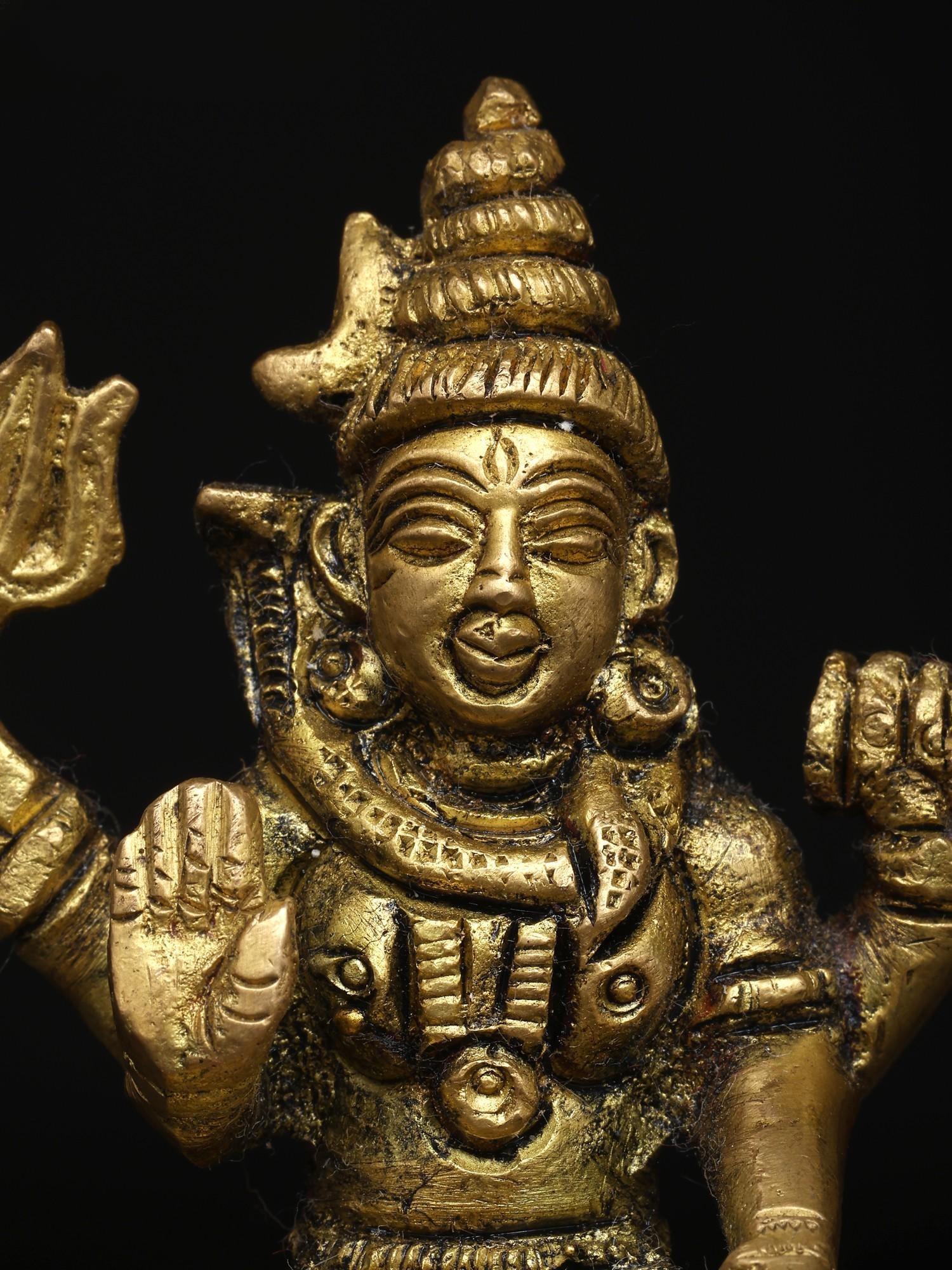 3" Small Four Armed Lord Shiva with Trishul and Damru | Brass Sculpture - 2