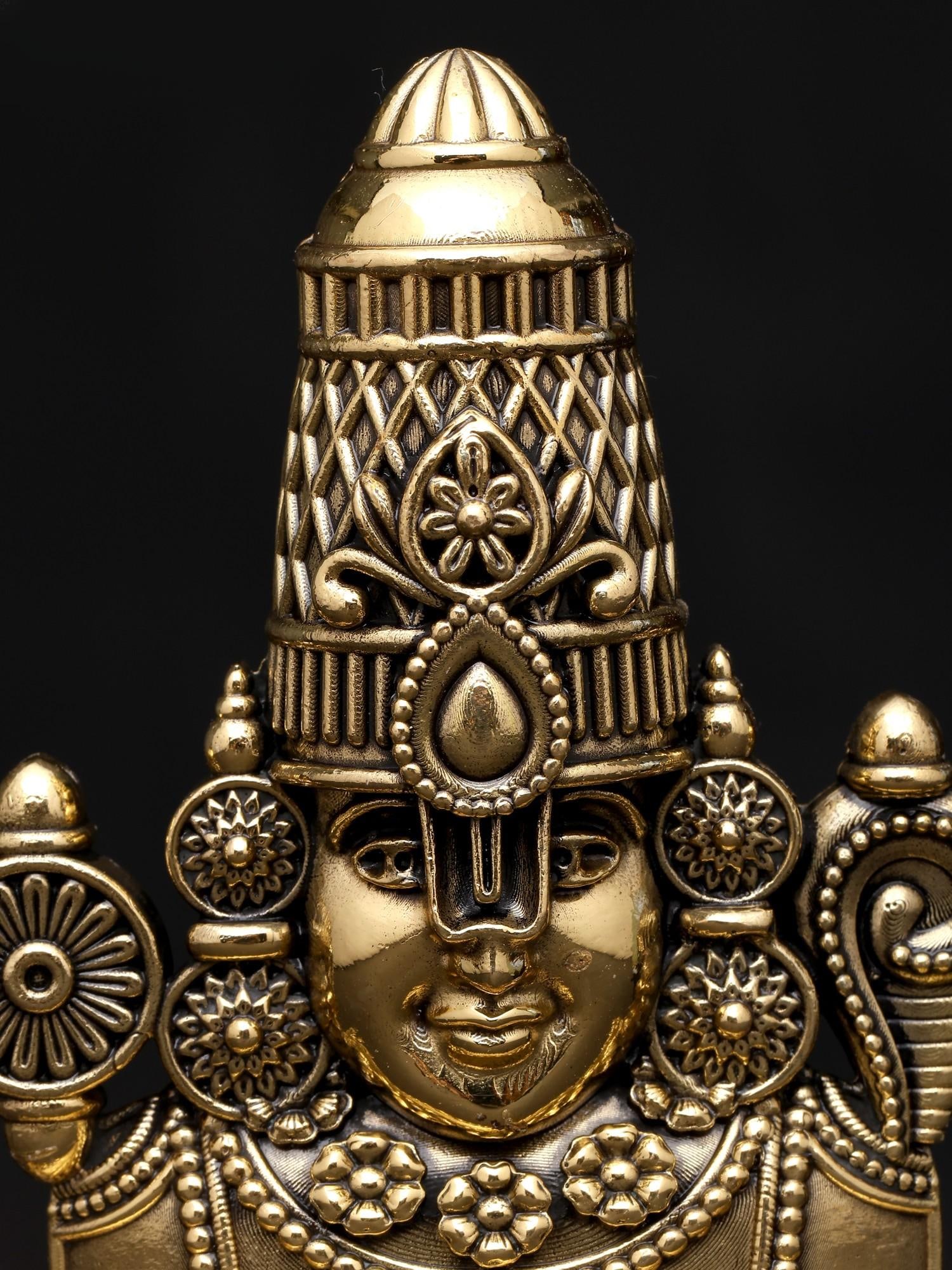 3" Small Superfine Bust of Tirupati Balaji | Brass Sculpture - 2