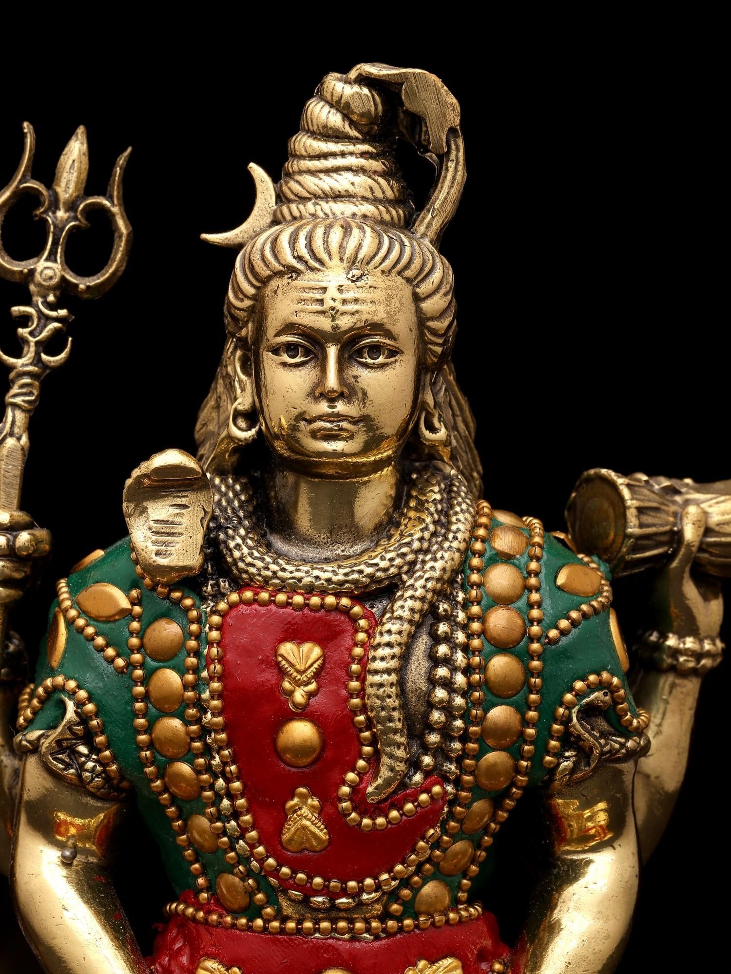 6" Small Superfine Sitting Four Armed Lord Shiva | Brass Statue with Inlay Work - 2