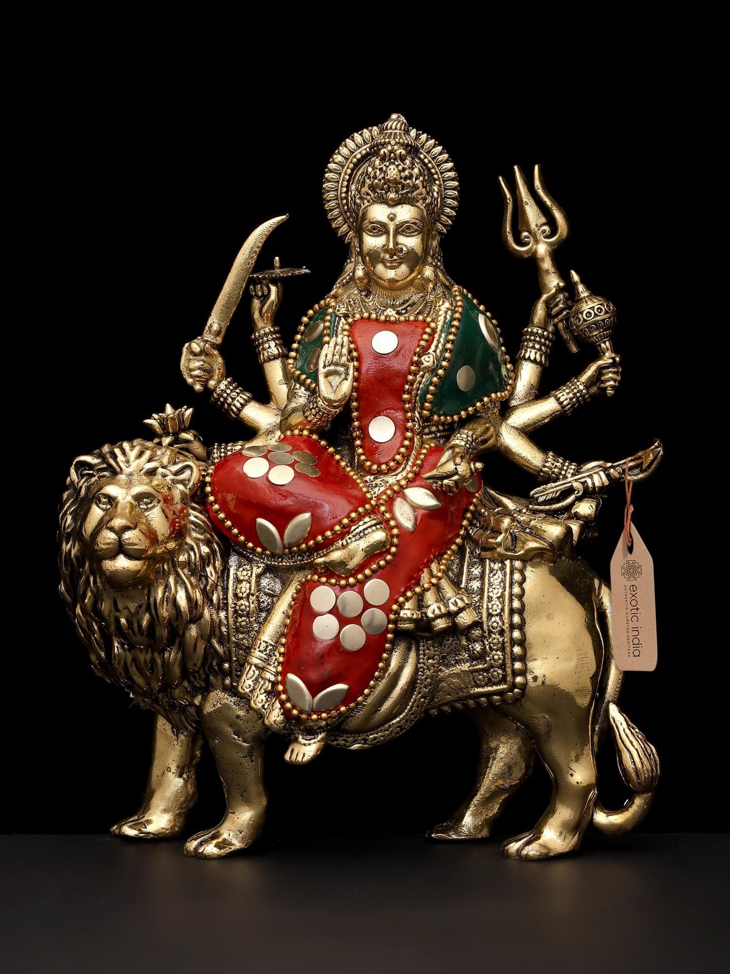 6" Small Superfine Ashtabhujadharini Goddess Durga (Sherawali Maa) | Brass Statue with Inlay Work (1 of 2)