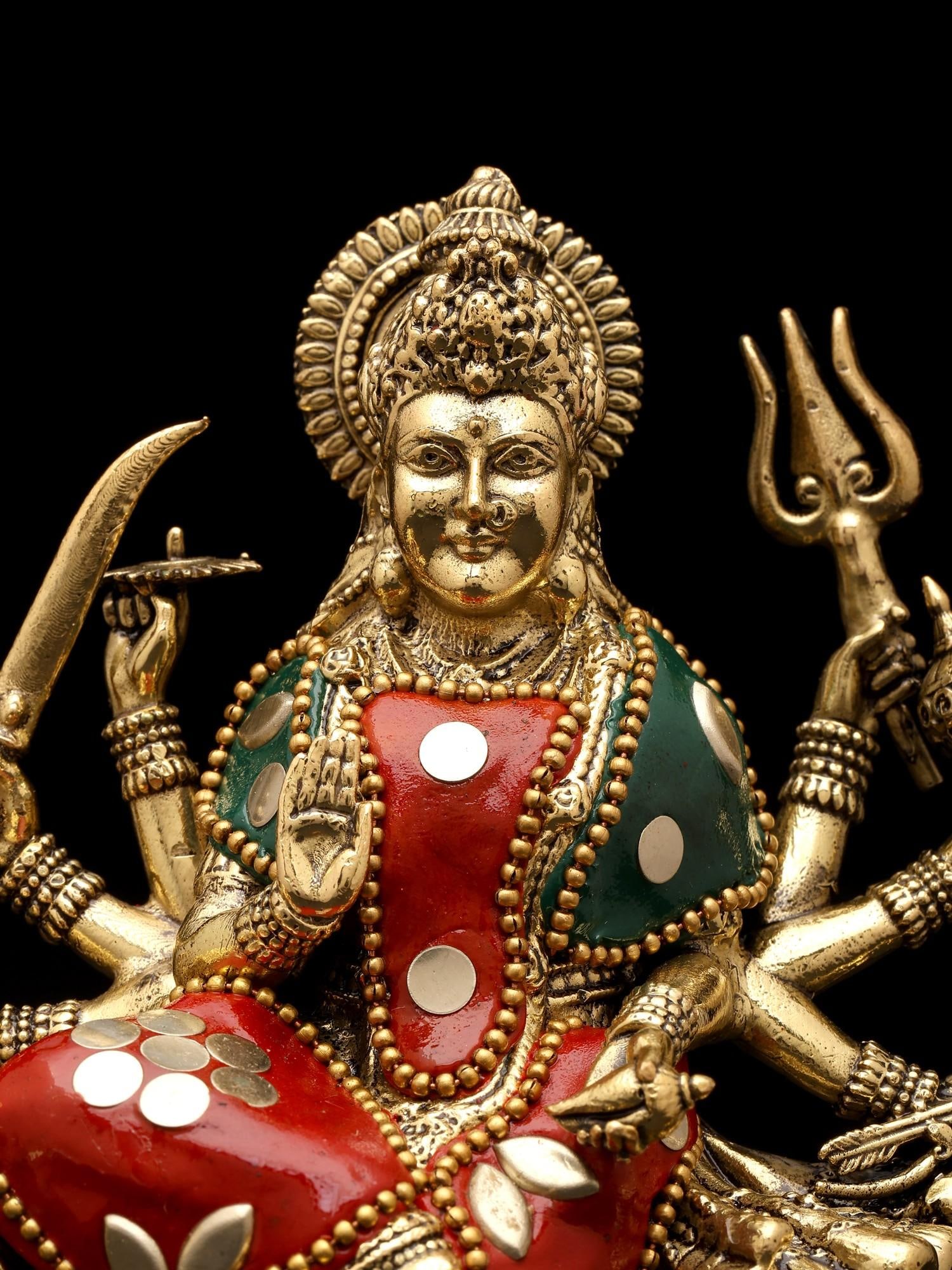 6" Small Superfine Ashtabhujadharini Goddess Durga (Sherawali Maa) | Brass Statue with Inlay Work - 2