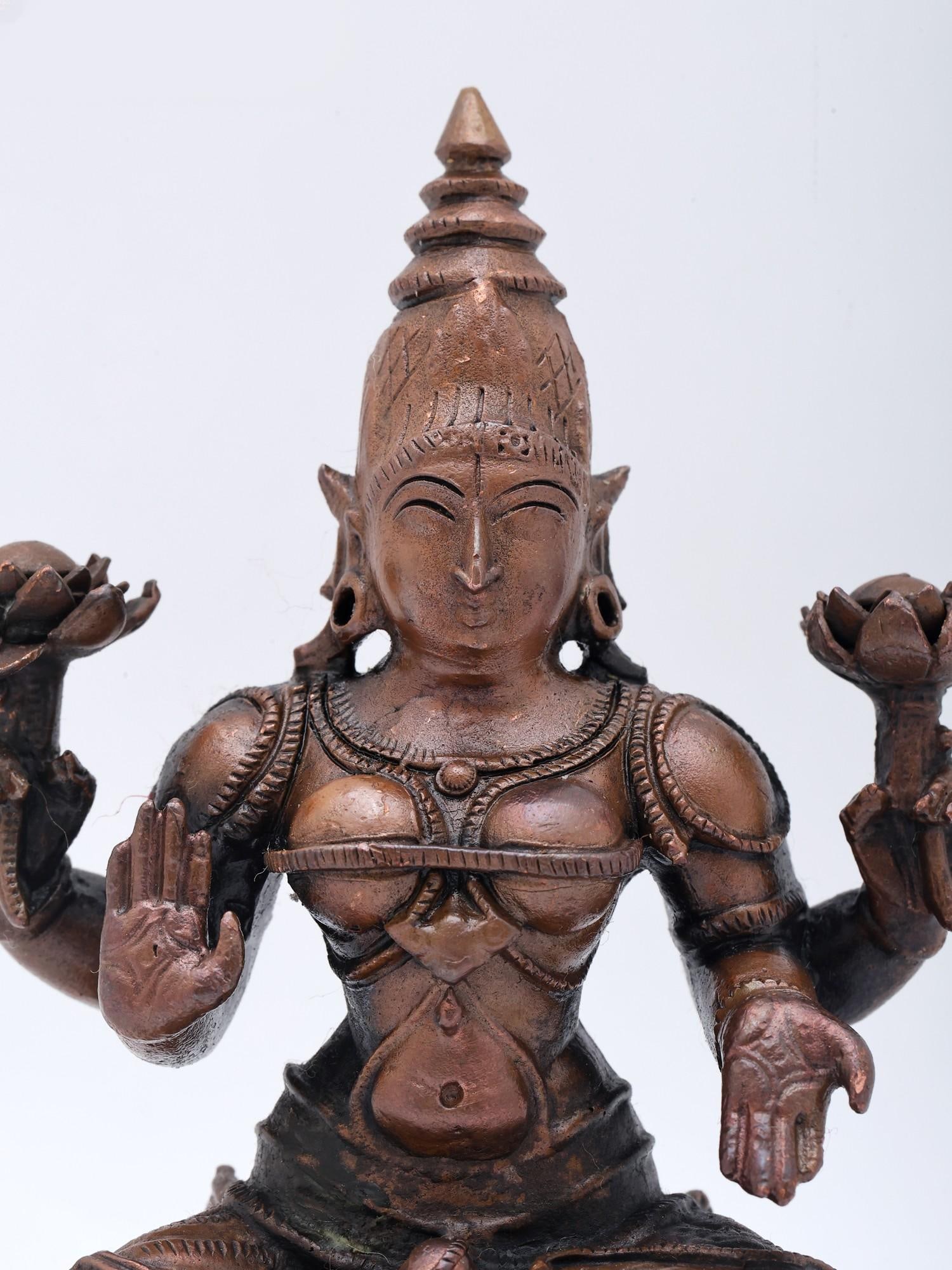 4" Small Four Armed Blessing Goddess Lakshmi | Copper Statue - 2
