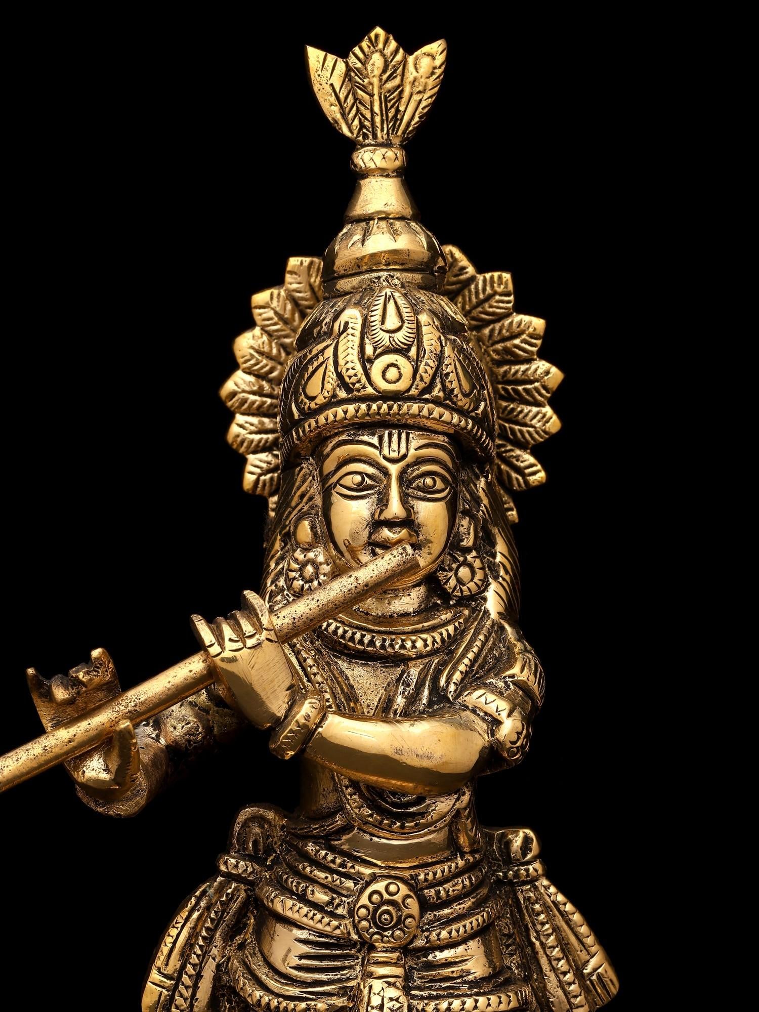10" Brass Fluting Lord Krishna | Brass Statue - 2