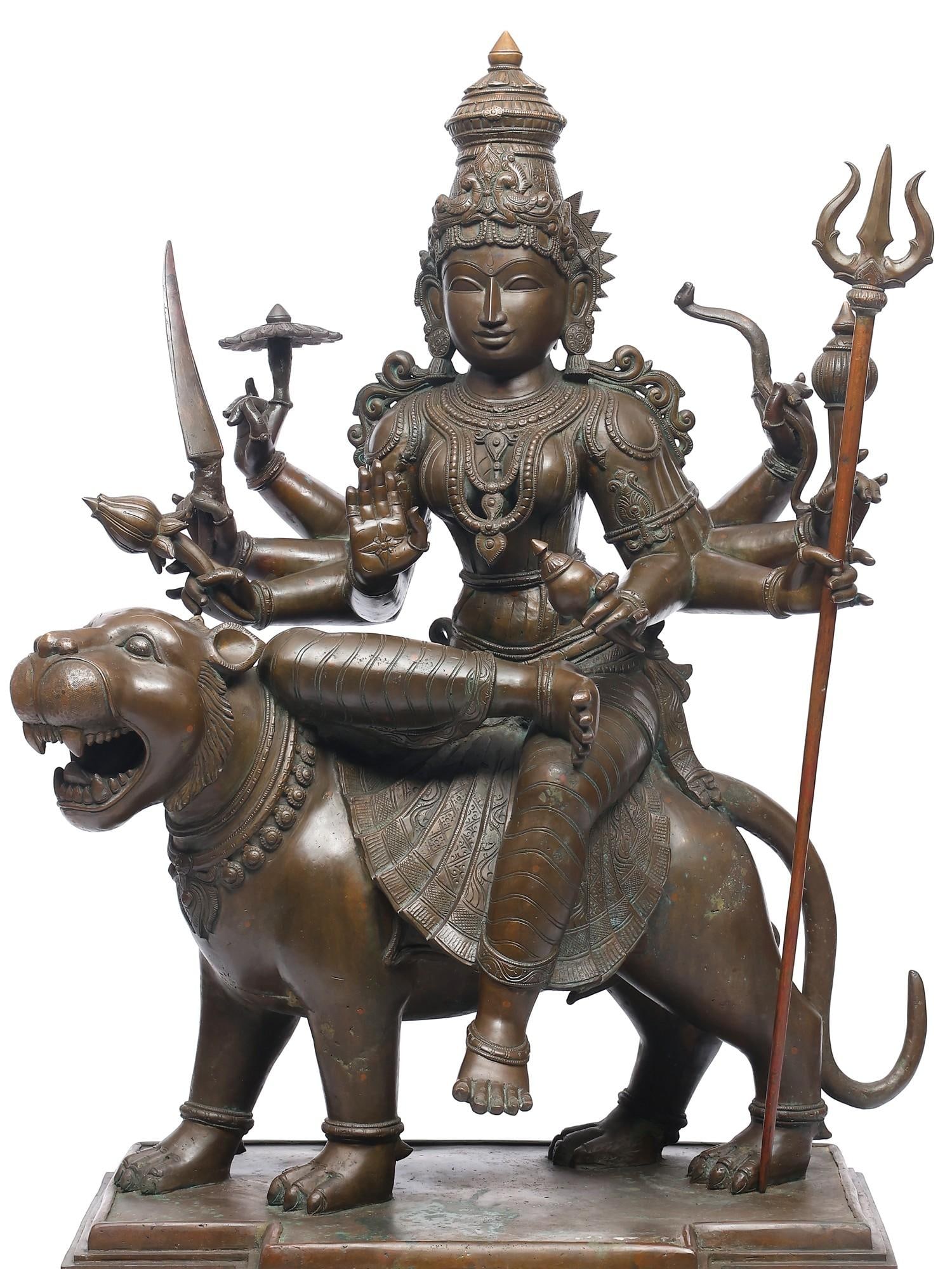 A Nearly Perfect Statue of Goddess Durga: Large Size Panchaloha Bronze Statue - 2