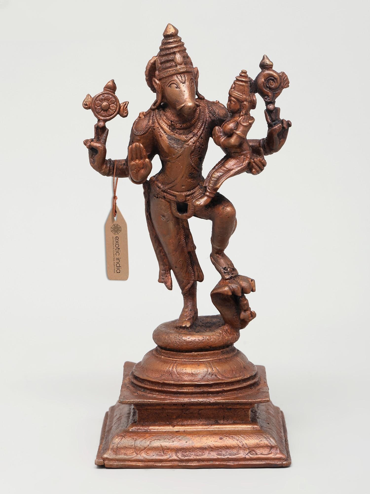 7" Standing Lord Varaha with Devi Lakshmi | Copper Statue: Title: 7" Standing Lord Varaha with Devi Lakshmi | Copper Statue Description: 7" Standing Lord Varaha with Devi Lakshmi | Copper Statue Reserve: $248.40 Shipping: Domestic: Shipping rates are