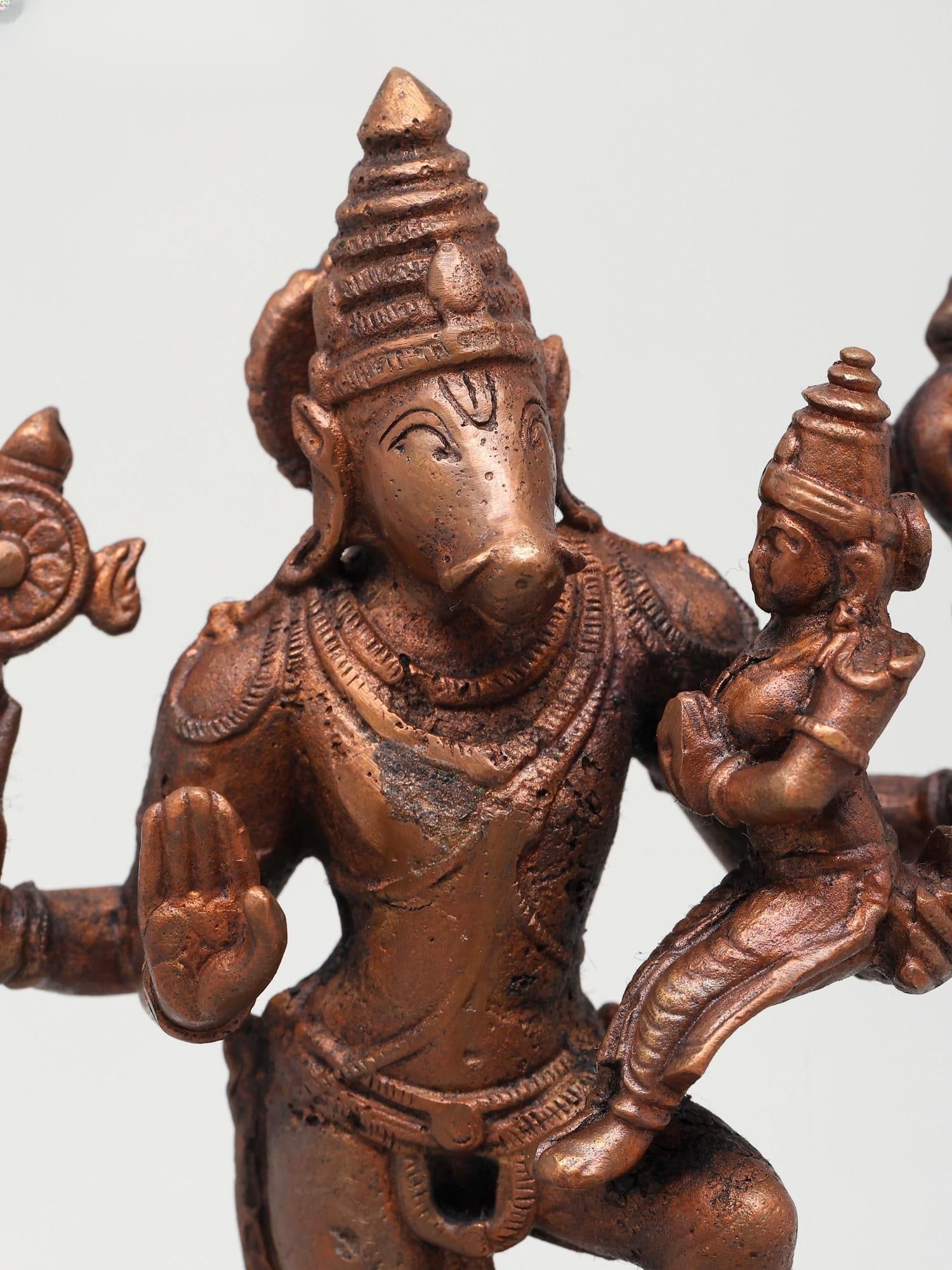 7" Standing Lord Varaha with Devi Lakshmi | Copper Statue - 2