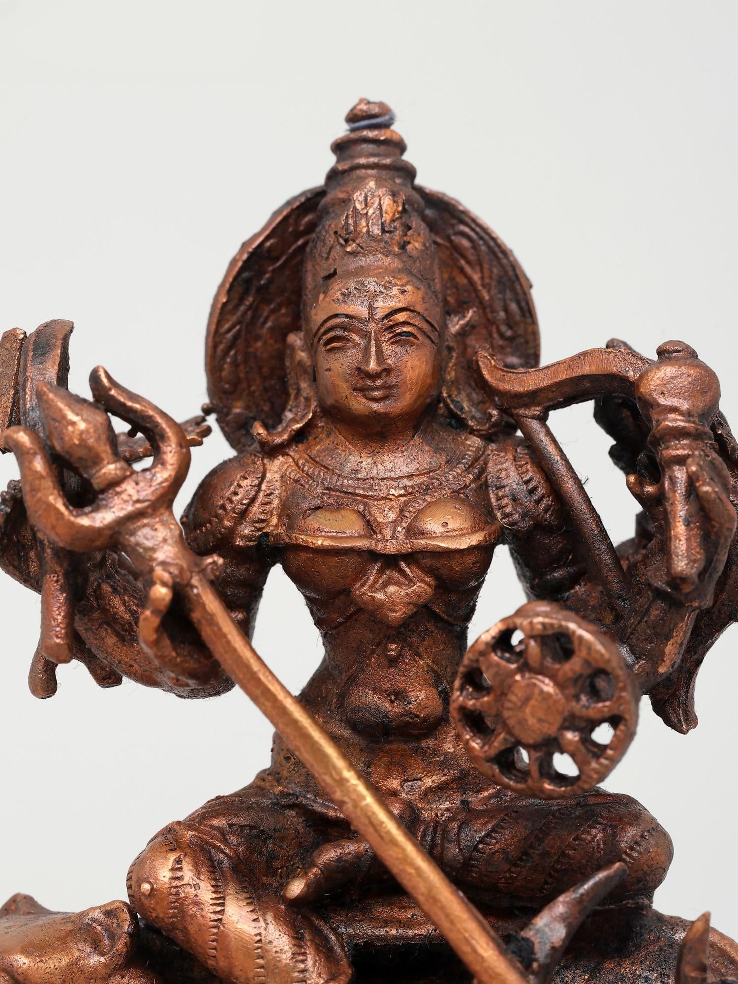 5" Small Mahishasuramardini (Goddess Druga) | Copper Statue - 2