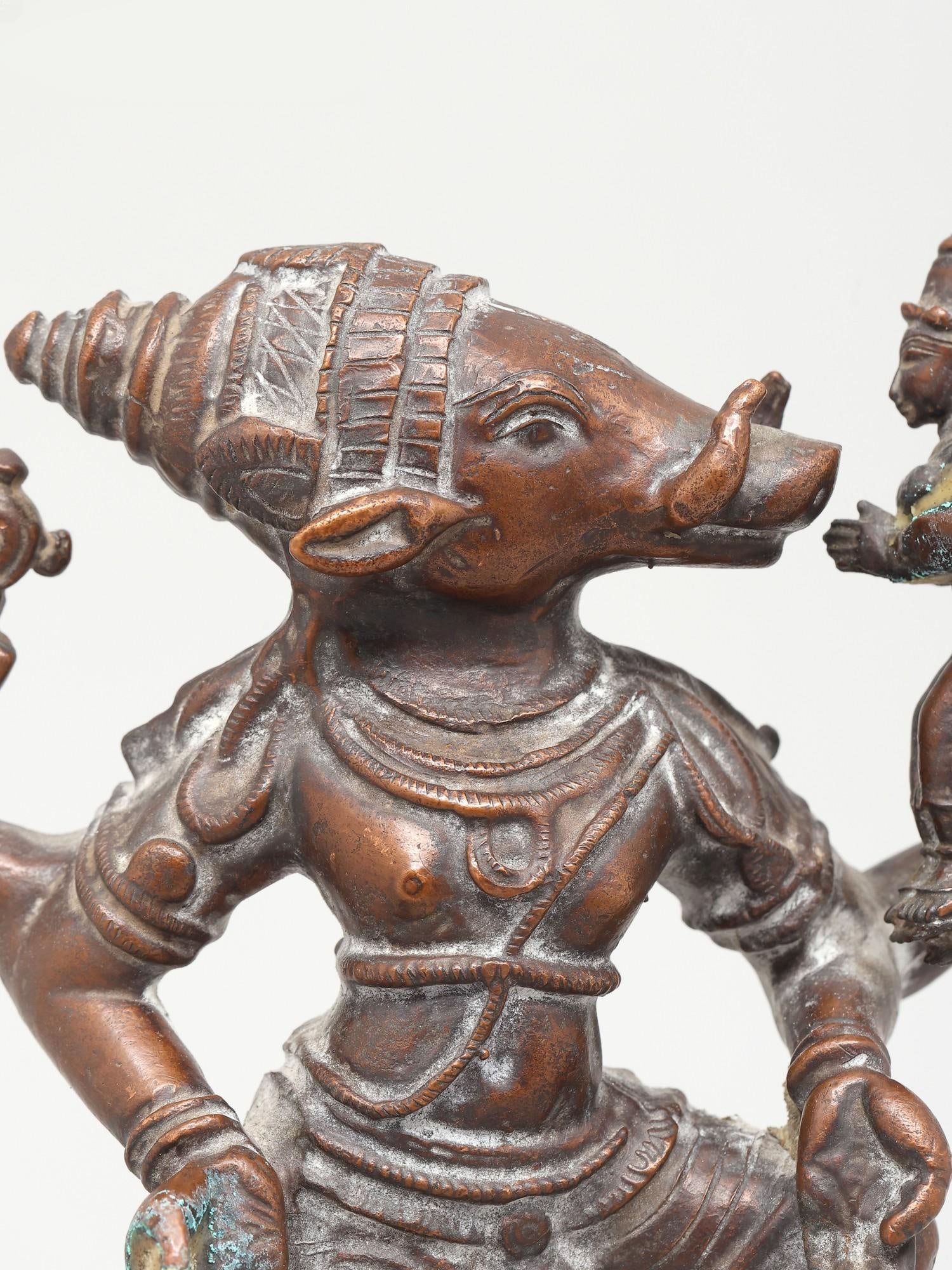 7" Standing Lord Varaha with Bhudevi | Copper Statue - 2