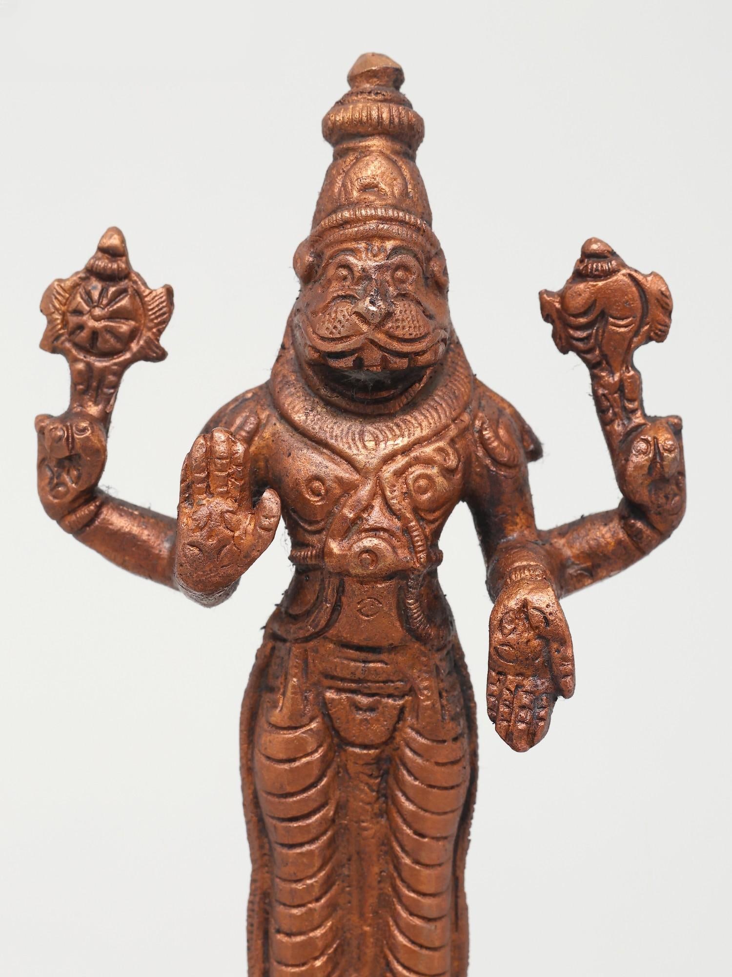 5" Small Standing Lord Narasimha in Blessing Gesture | Copper Statue - 2