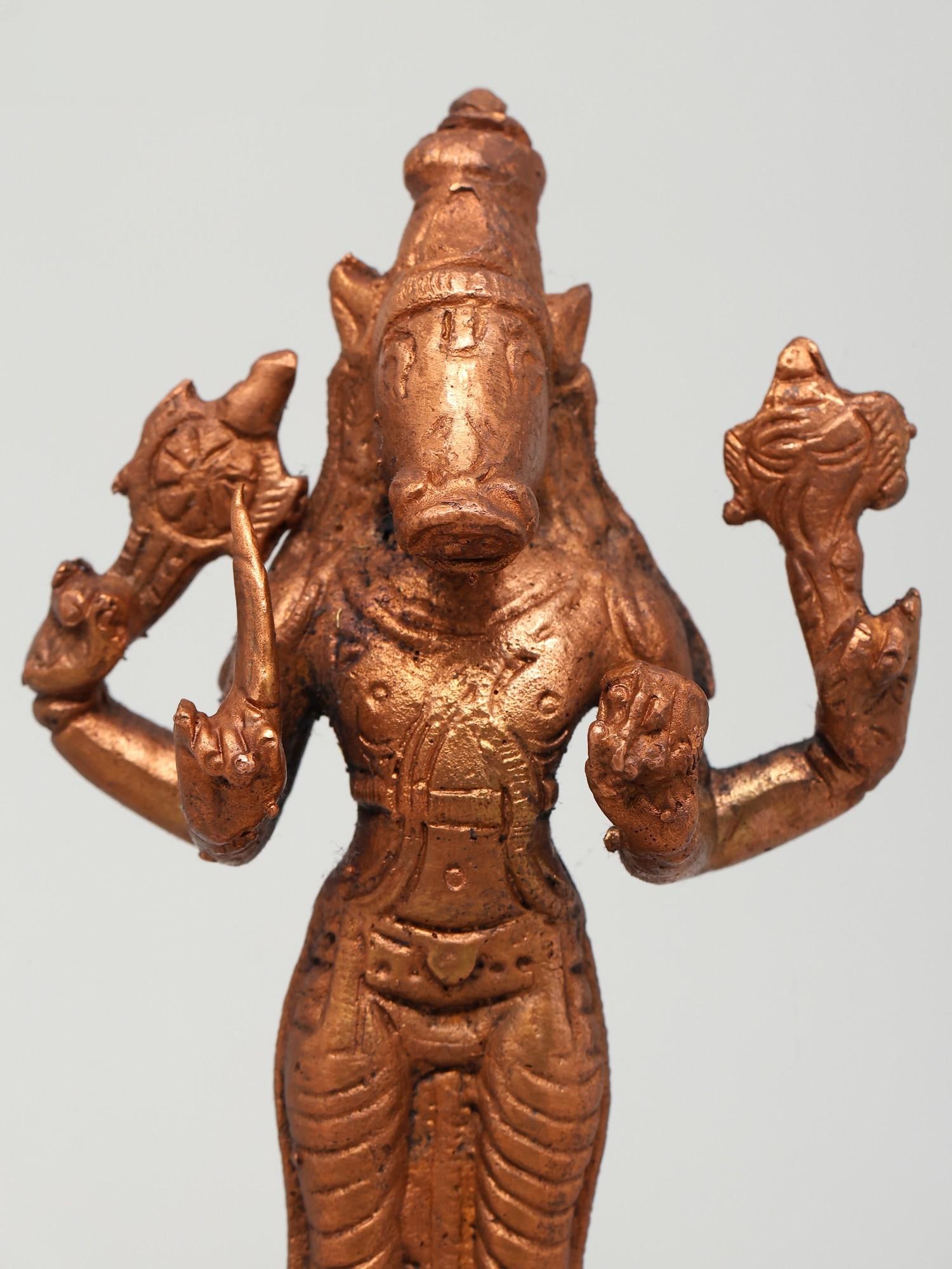 6" Small Four Armed Standing Lord Varaha | Copper Statue - 2