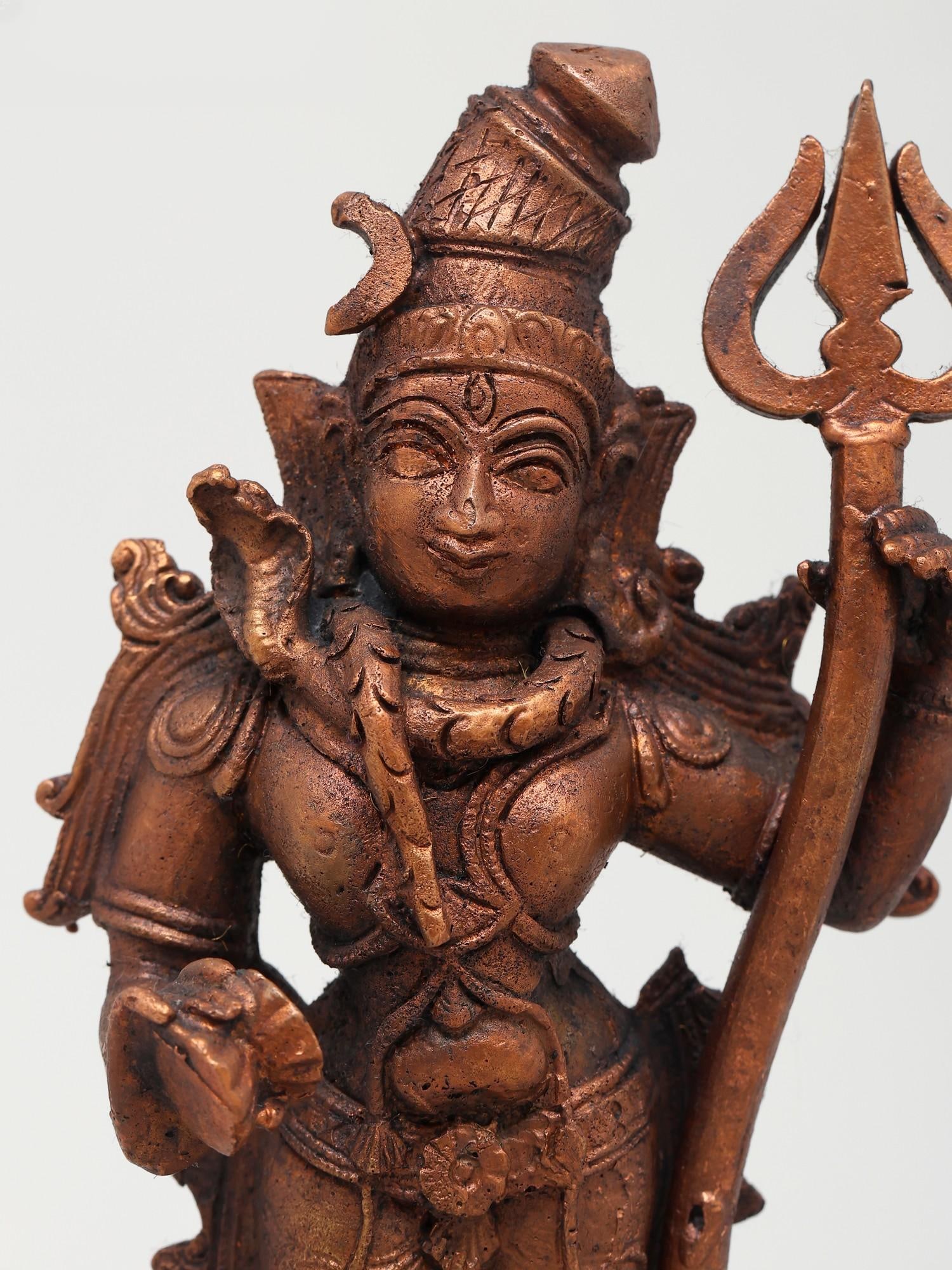7" Standing Lord Shiva Holding Trident and Damaru | Copper Statue - 2
