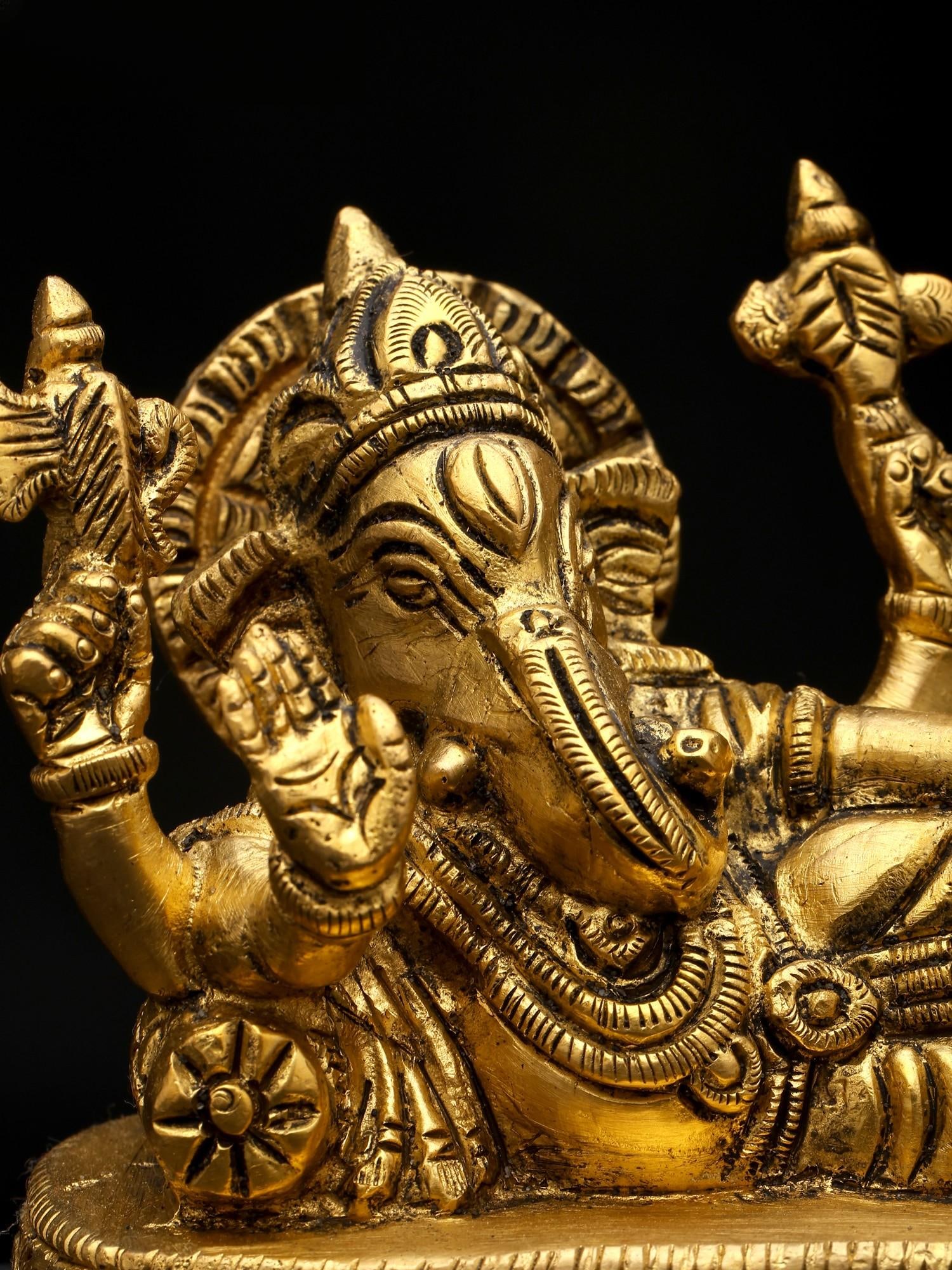 5" Small Four Armed Relaxing Lord Ganesha | Brass Statue - 2