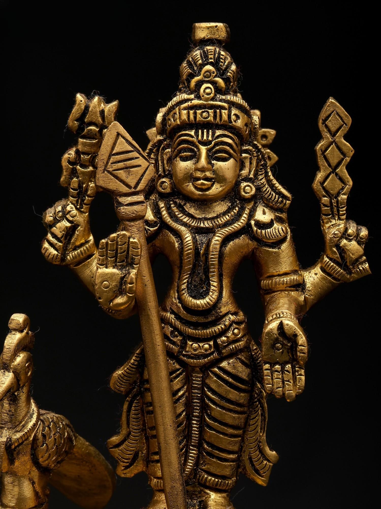 5" Small Standing Lord Murugan with Peacock | Brass Statue - 2