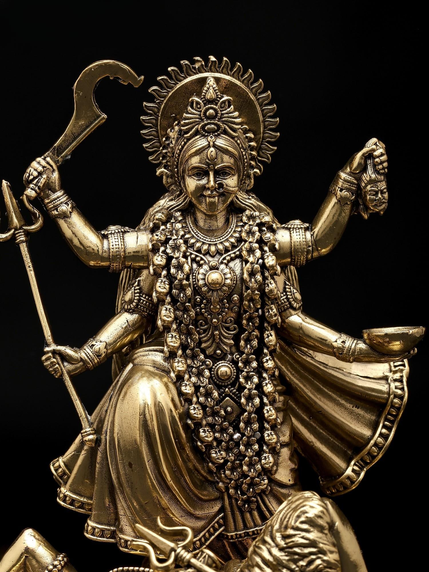 5" Small Superfine Goddess Kali Standing on Lord Shiva | Brass Statue - 2