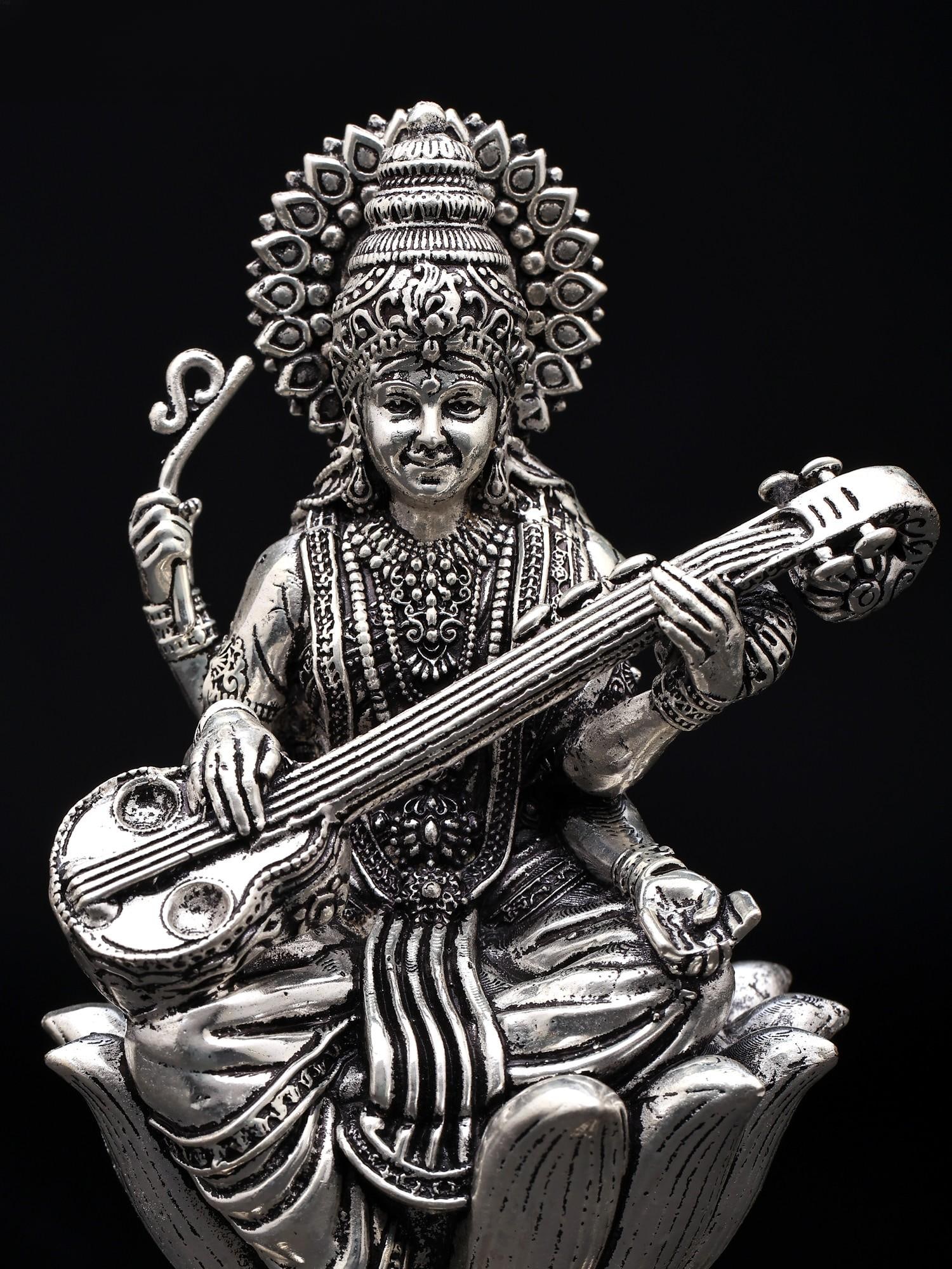 Small Superfine Devi Saraswati Playing Veena | Silver Plated Brass Statue - 2