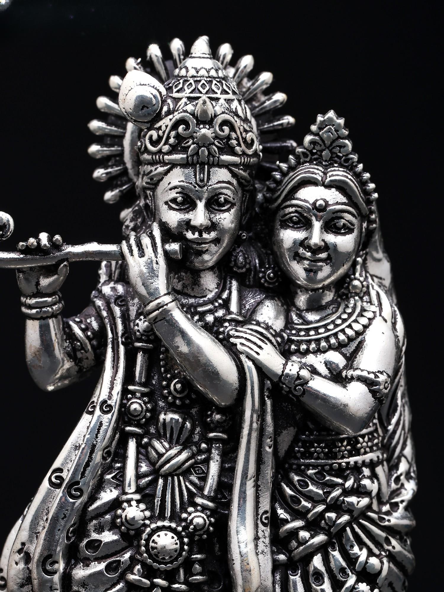 4" Small Superfine Standing Radha Krishna | Silver Plated Brass Statue - 2