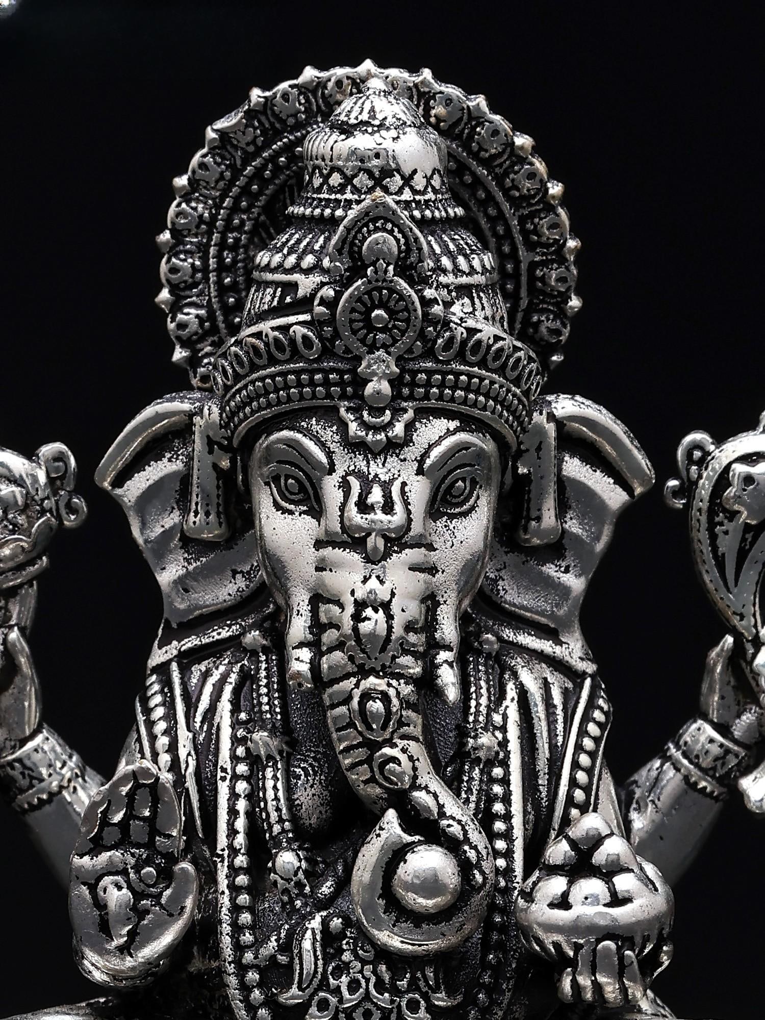 2" Small Superfine Chaturbhuja Lord Ganesha | Silver Plated Brass Idol - 2