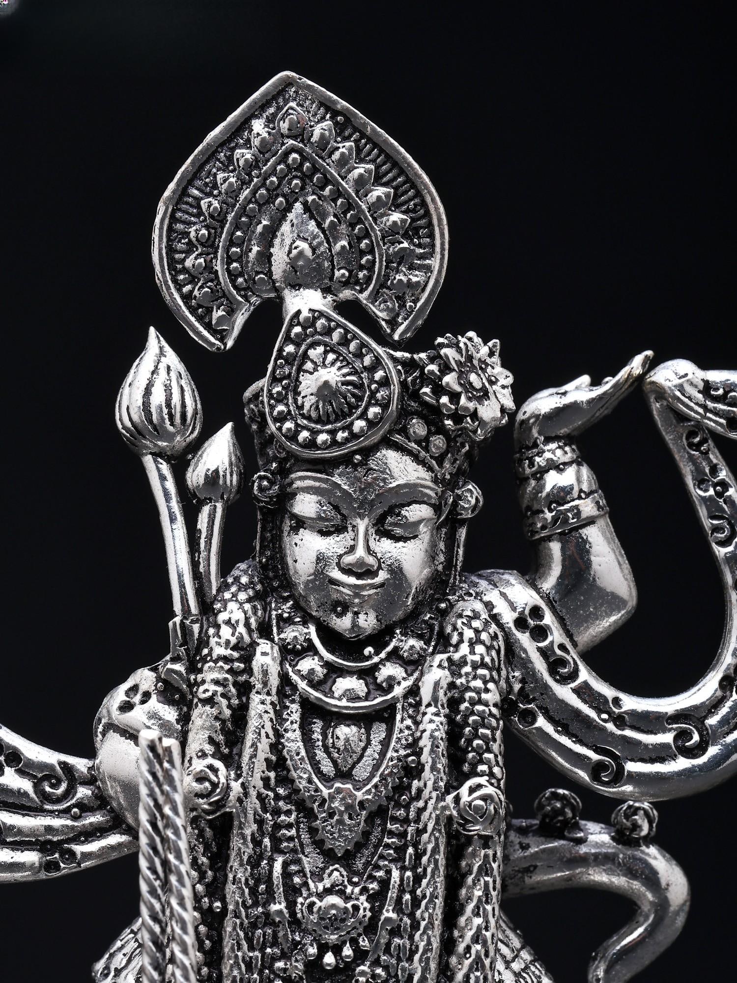 4" Small Shrinathji - Form of Lord Krishna | Silver Plated Brass Statue - 2