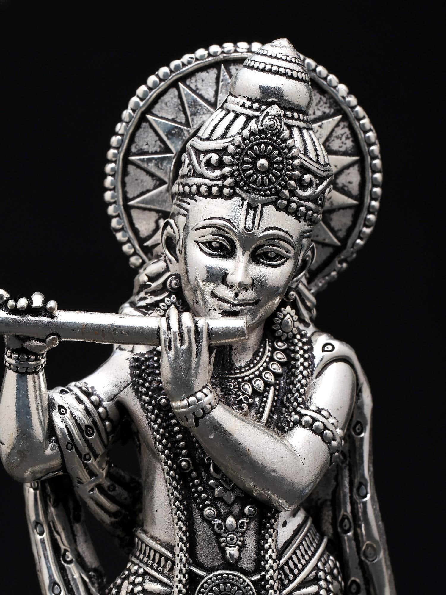 6" Small Superfine Standing Lord Krishna Playing Flute | Silver Plated Brass Statue - 2