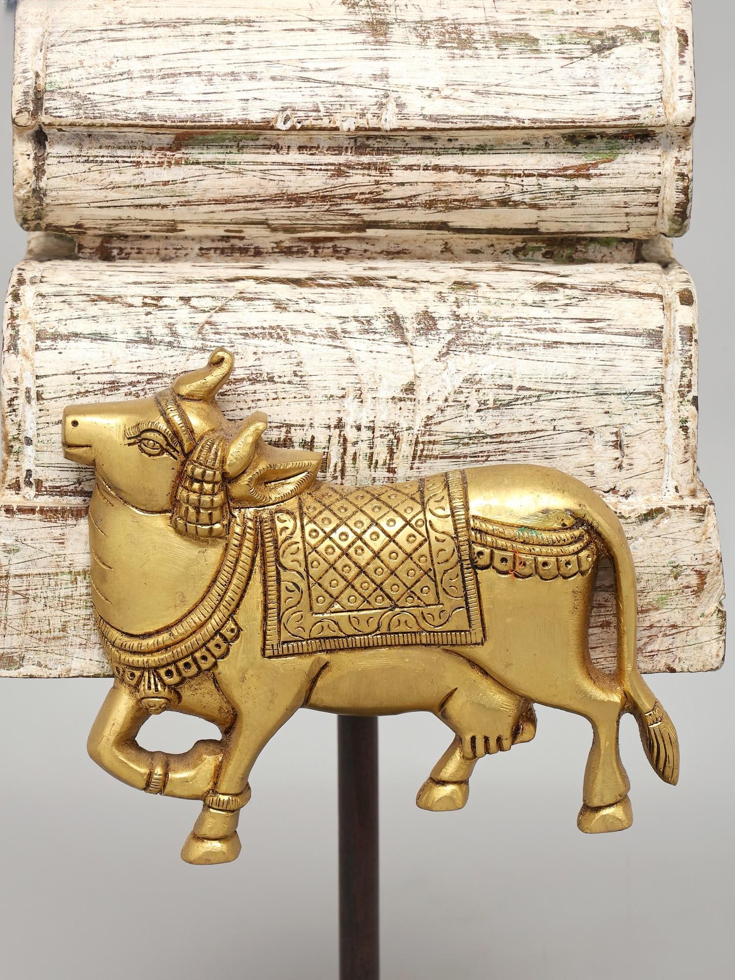 15" Brass Kamadhenu Cow on Wood Base | Handmade | Made In India - 2