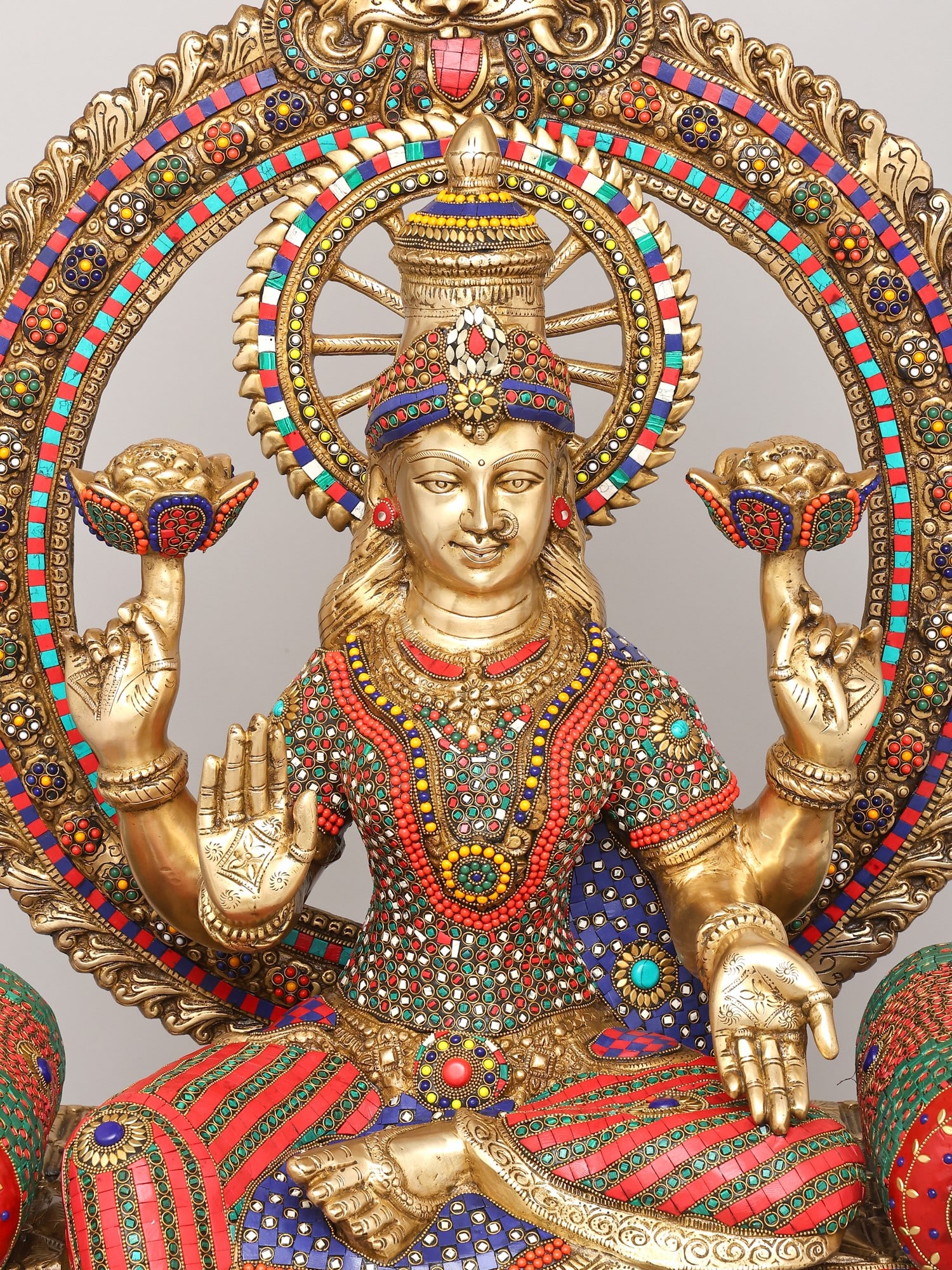 47" Large Four Armed Blessing Goddess Lakshmi Seated on Kirtimukha Throne with Elephant on Three - 2
