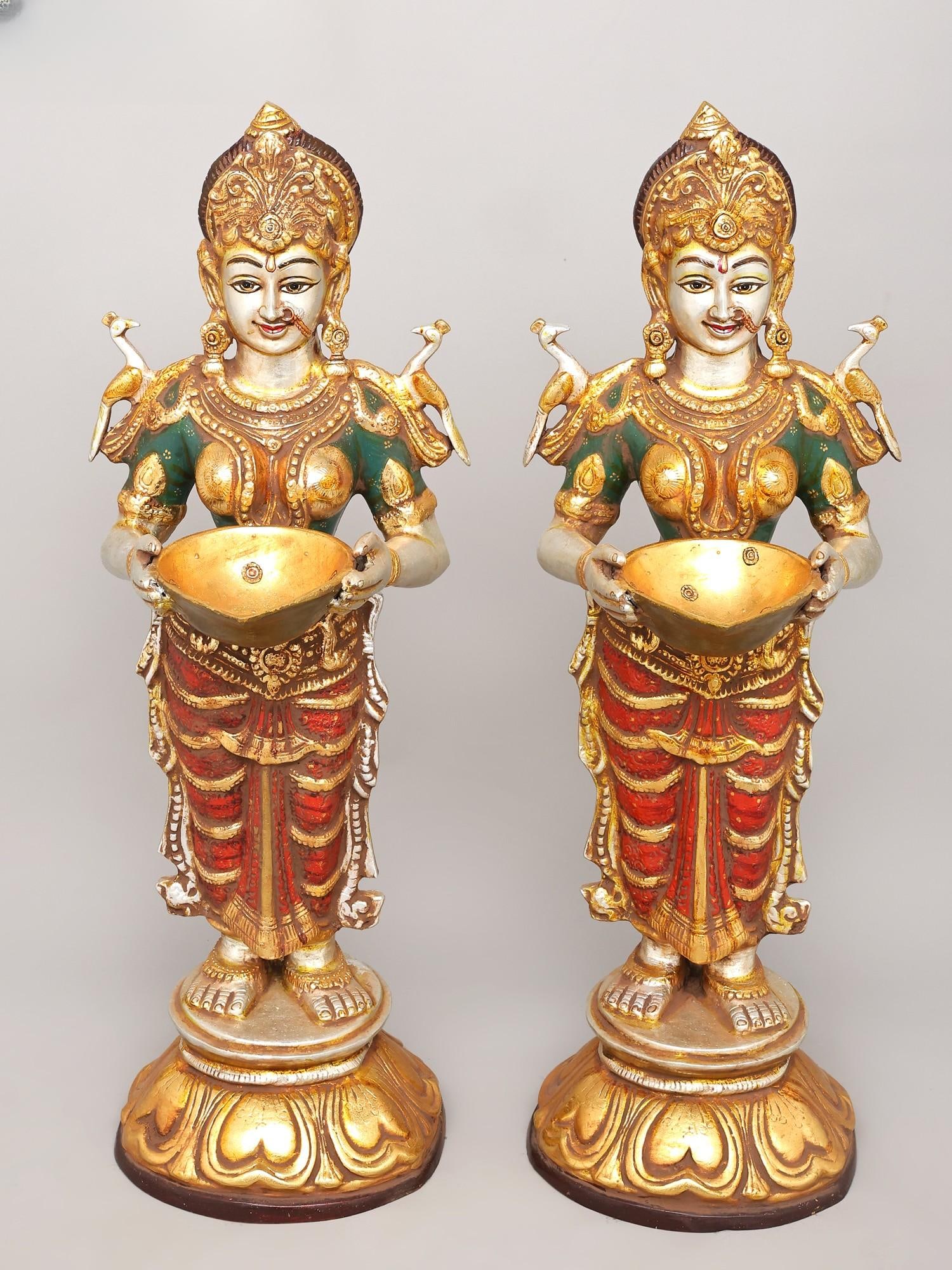 28" Colorful Deep Lakshmi Pair | Brass Statues - 2