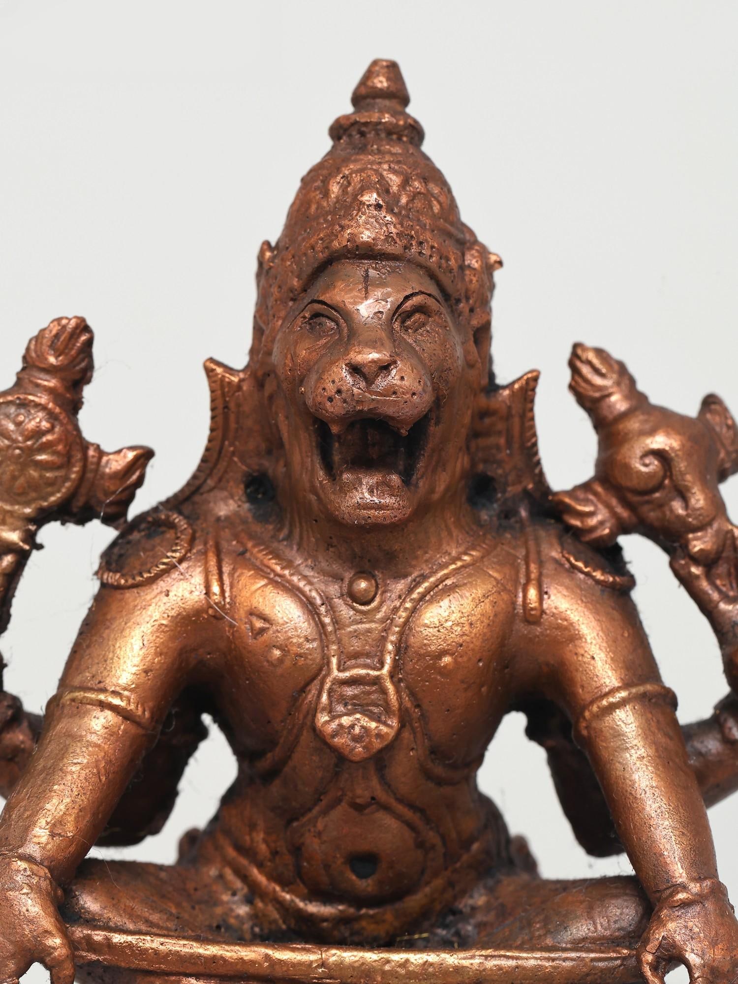 4" Small Lord Narasimha in Yoga Mudra | Copper Statue - 2