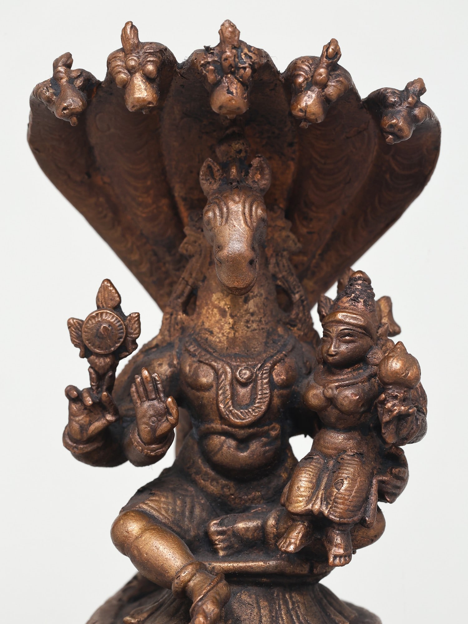 5" Small Lord Hayagriva with Devi Lakshmi Seated on Sheshnag | Copper Statue - 2