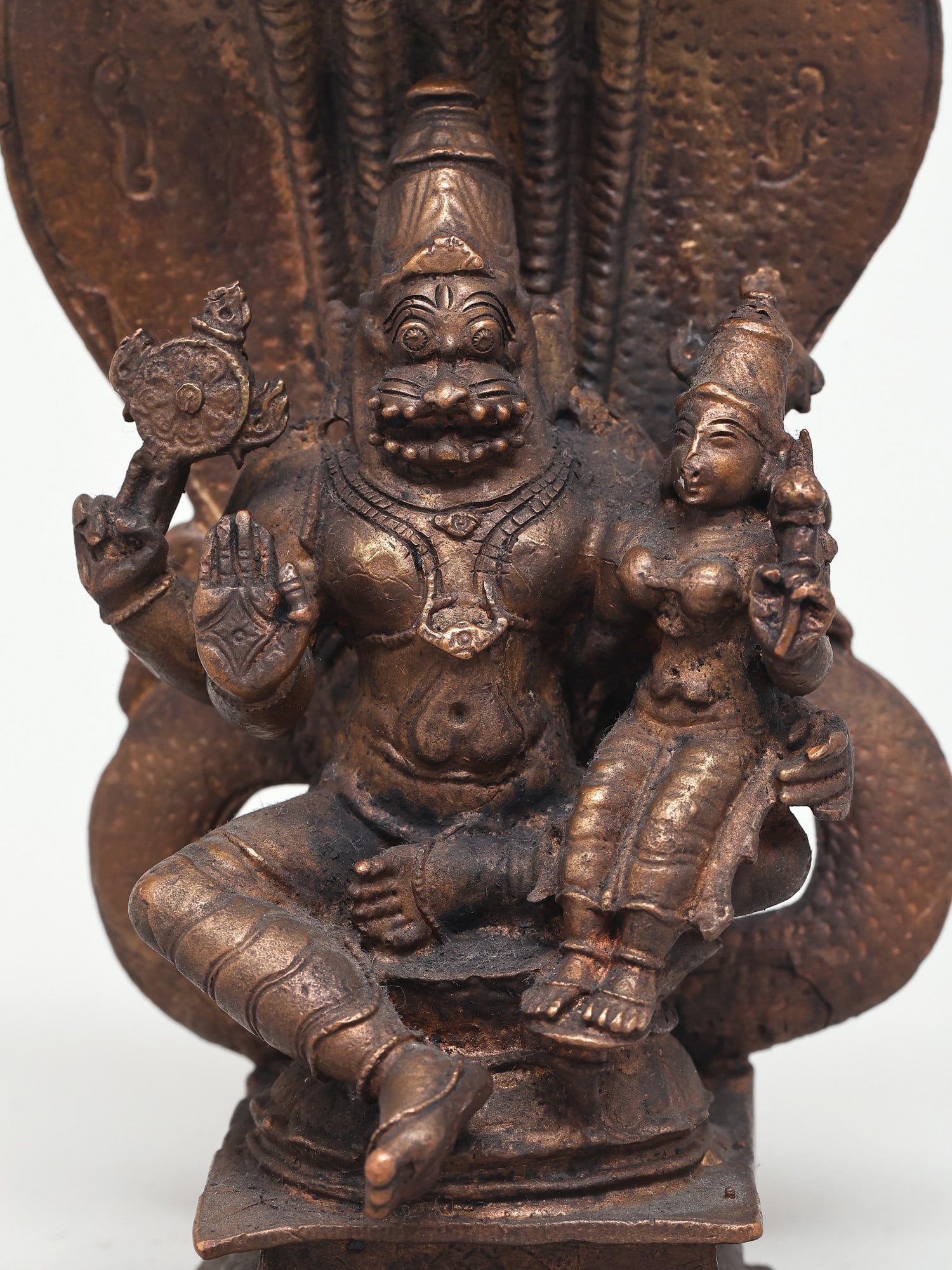 6" Small Lord Narasimha with Devi Lakshmi Protected by Sheshnag | Copper Statue - 2