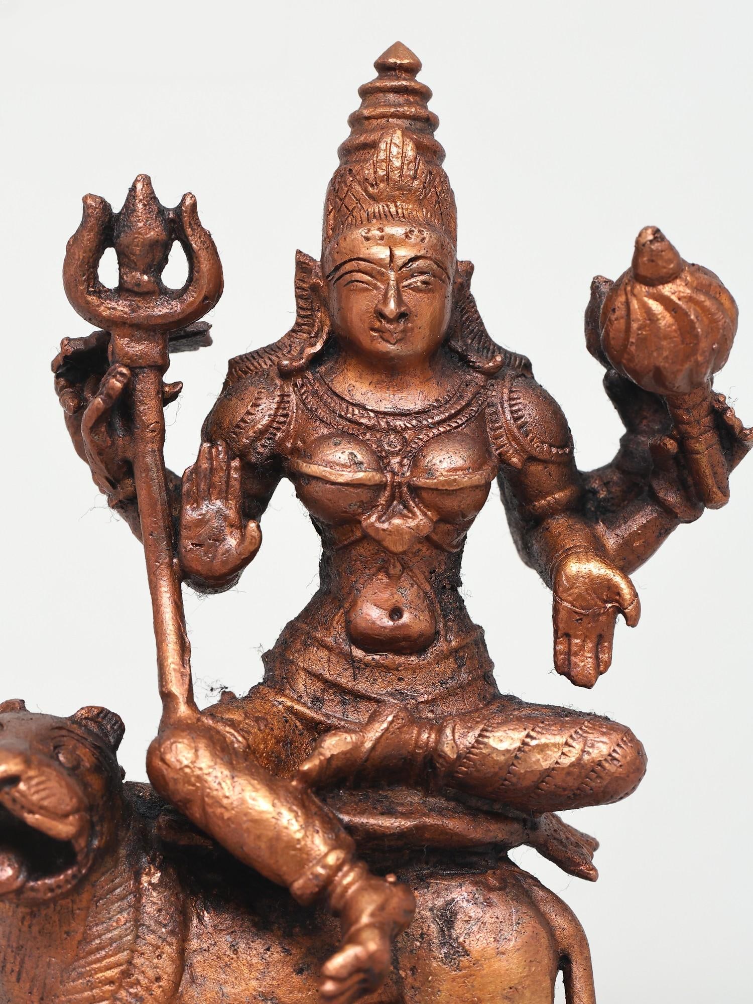 5" Small Goddess Durga (Sherawali Maa) | Copper Statue - 2