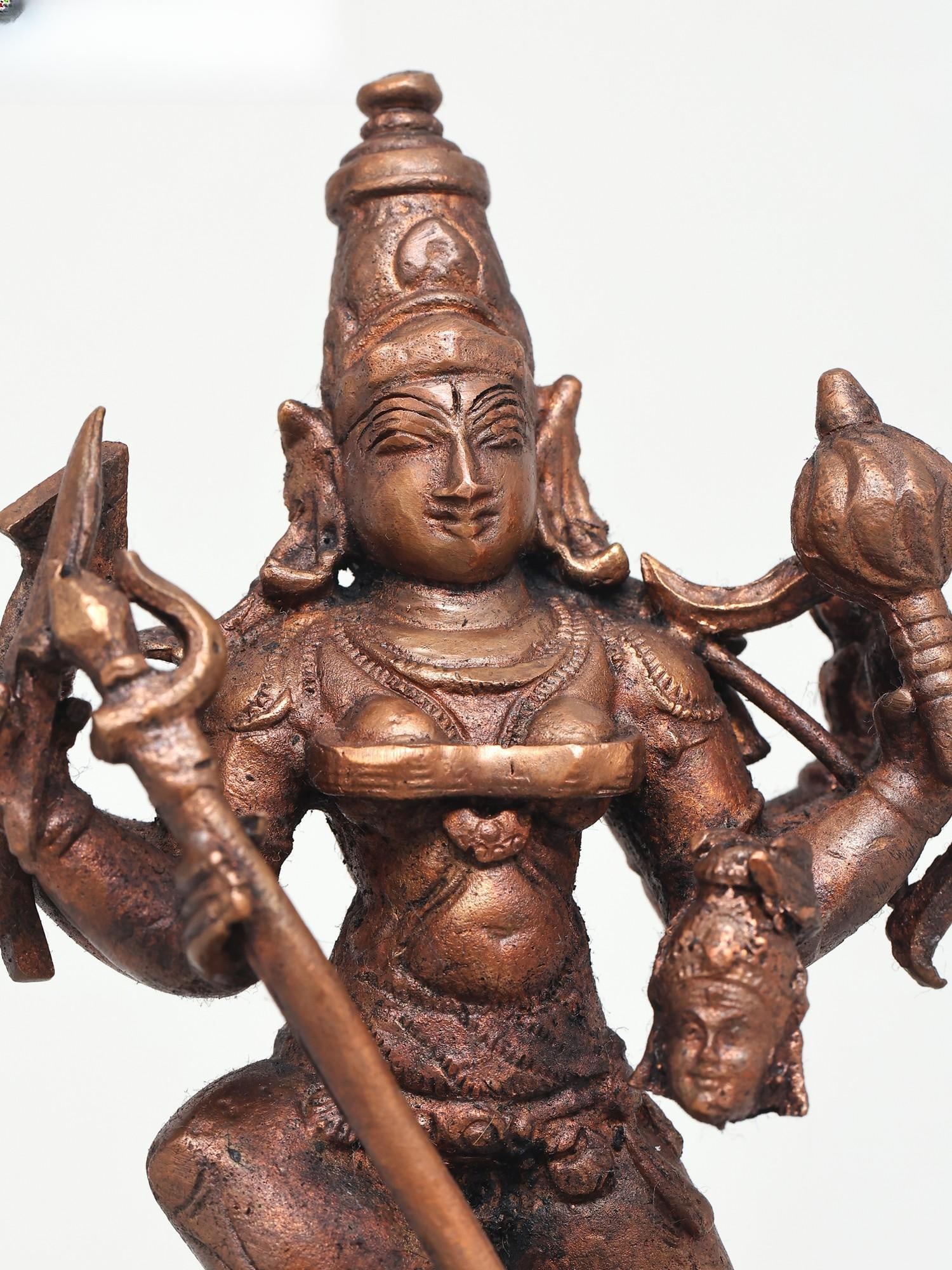 5" Small Mahishasura-Mardini (Goddess Durga) | Copper Statue - 2