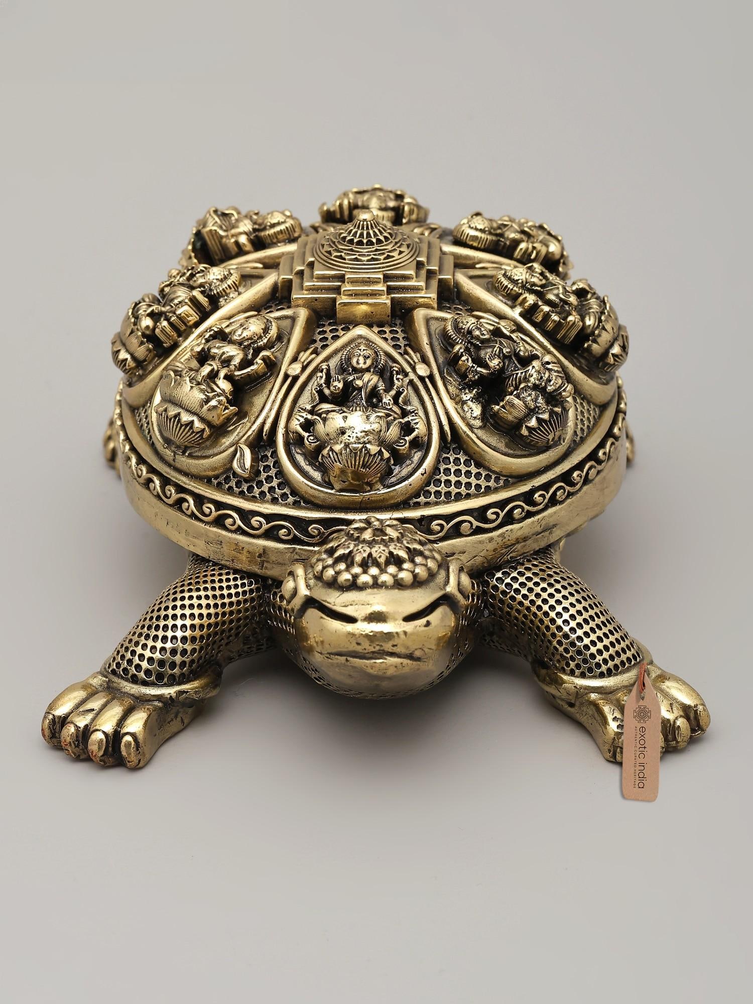 6" Small Superfine Vastu Tortoise with Ashtalakshmi and Yantra on Top | Brass Statue - 2