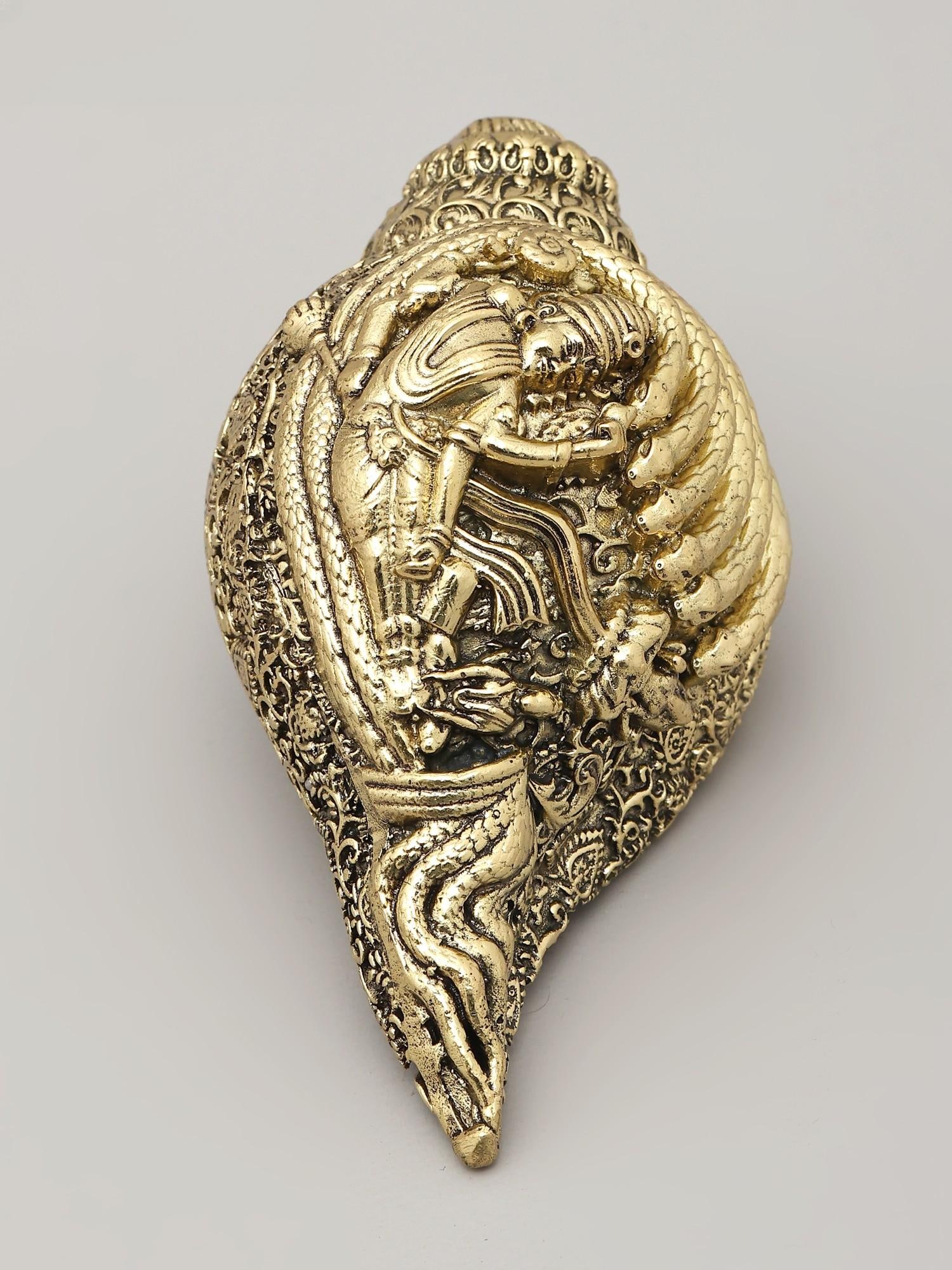 4" Small Superfine Brass Conch (Shankh) with Shesha-Shayi Lord Vishnu - 2
