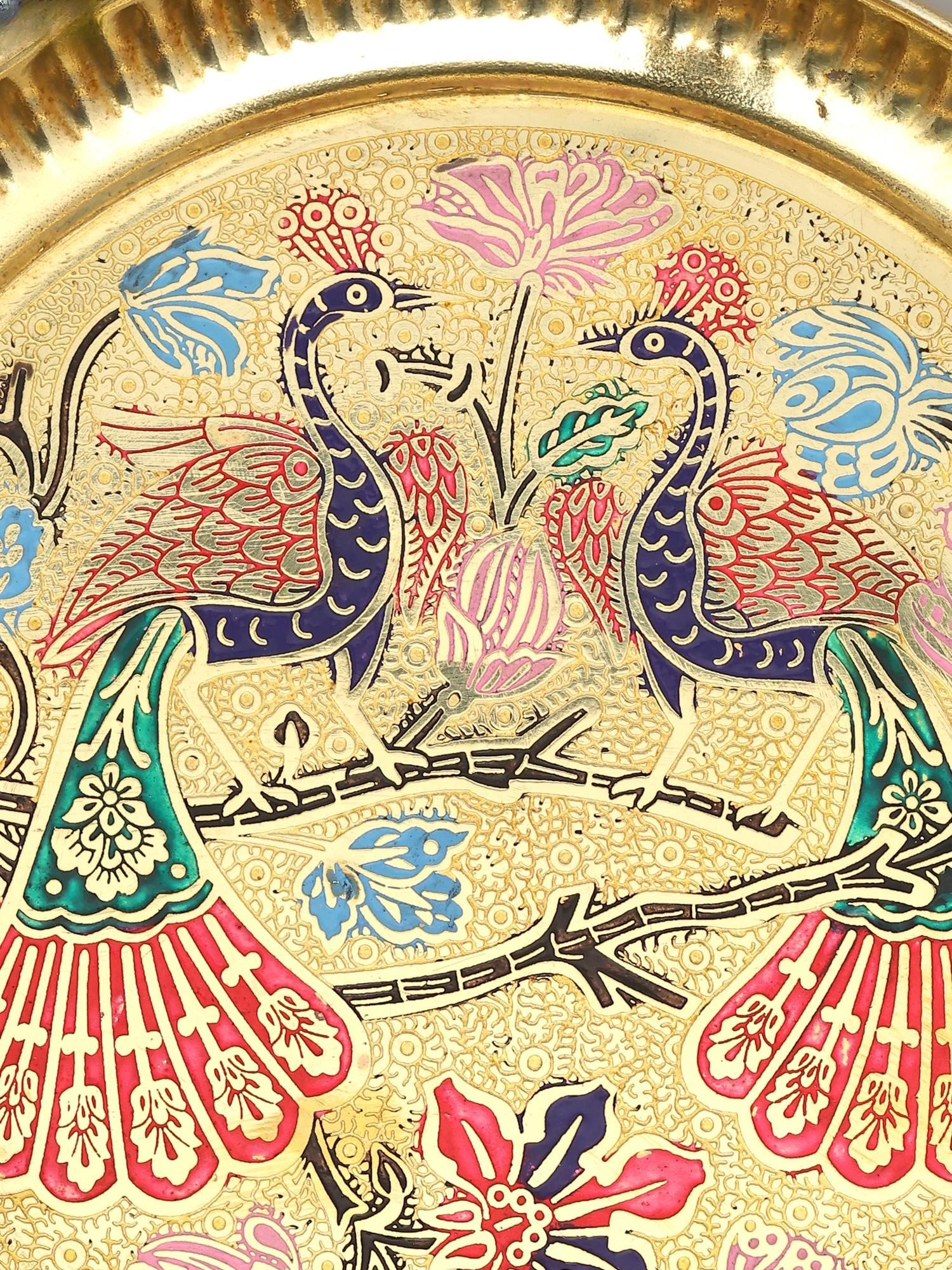 6" Meenakari Peacocks Art Ritual Brass Plate - 2