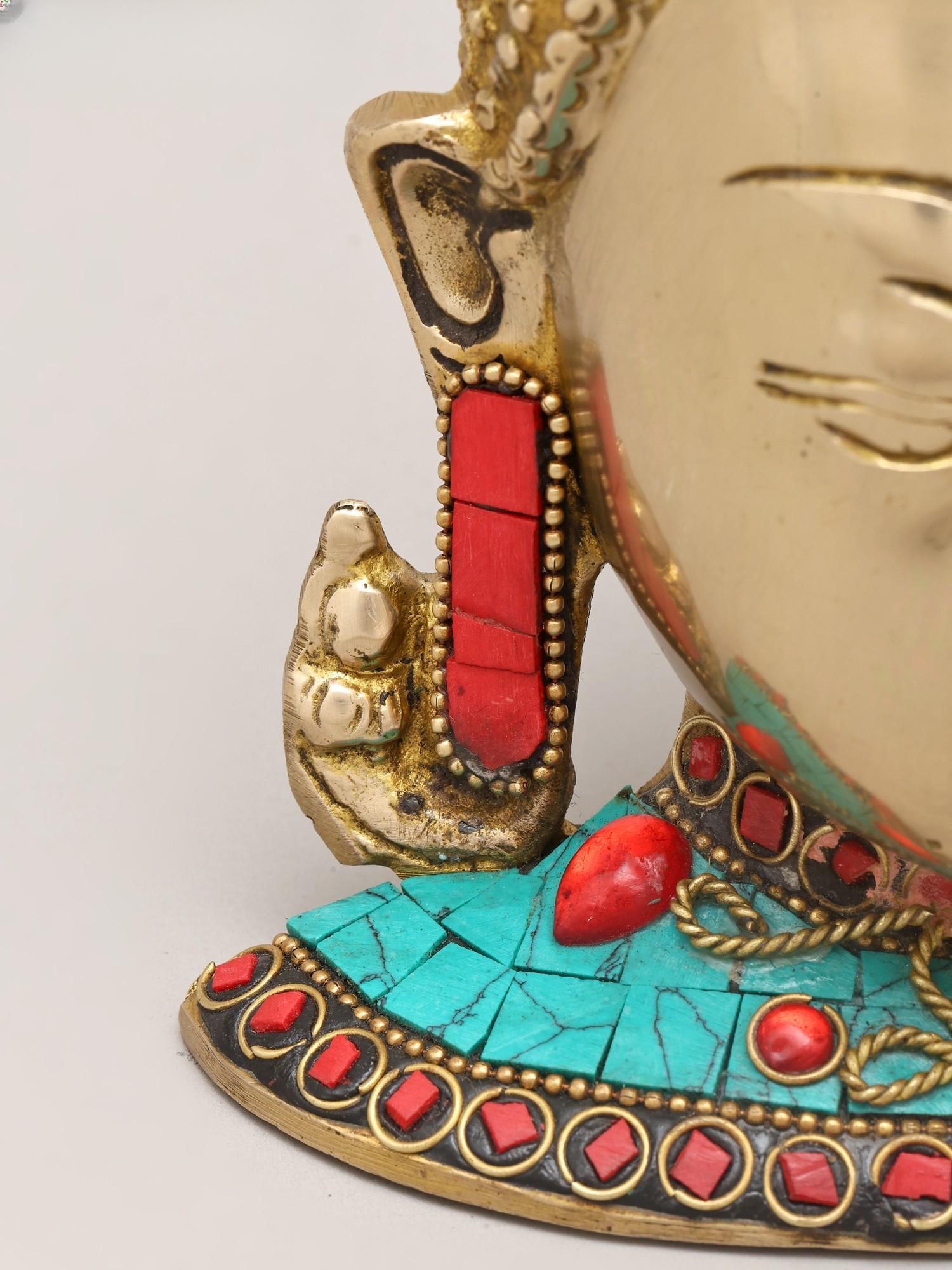 6" Small Wall Hanging Buddha Head | Brass Statue with Inlay Work - 2