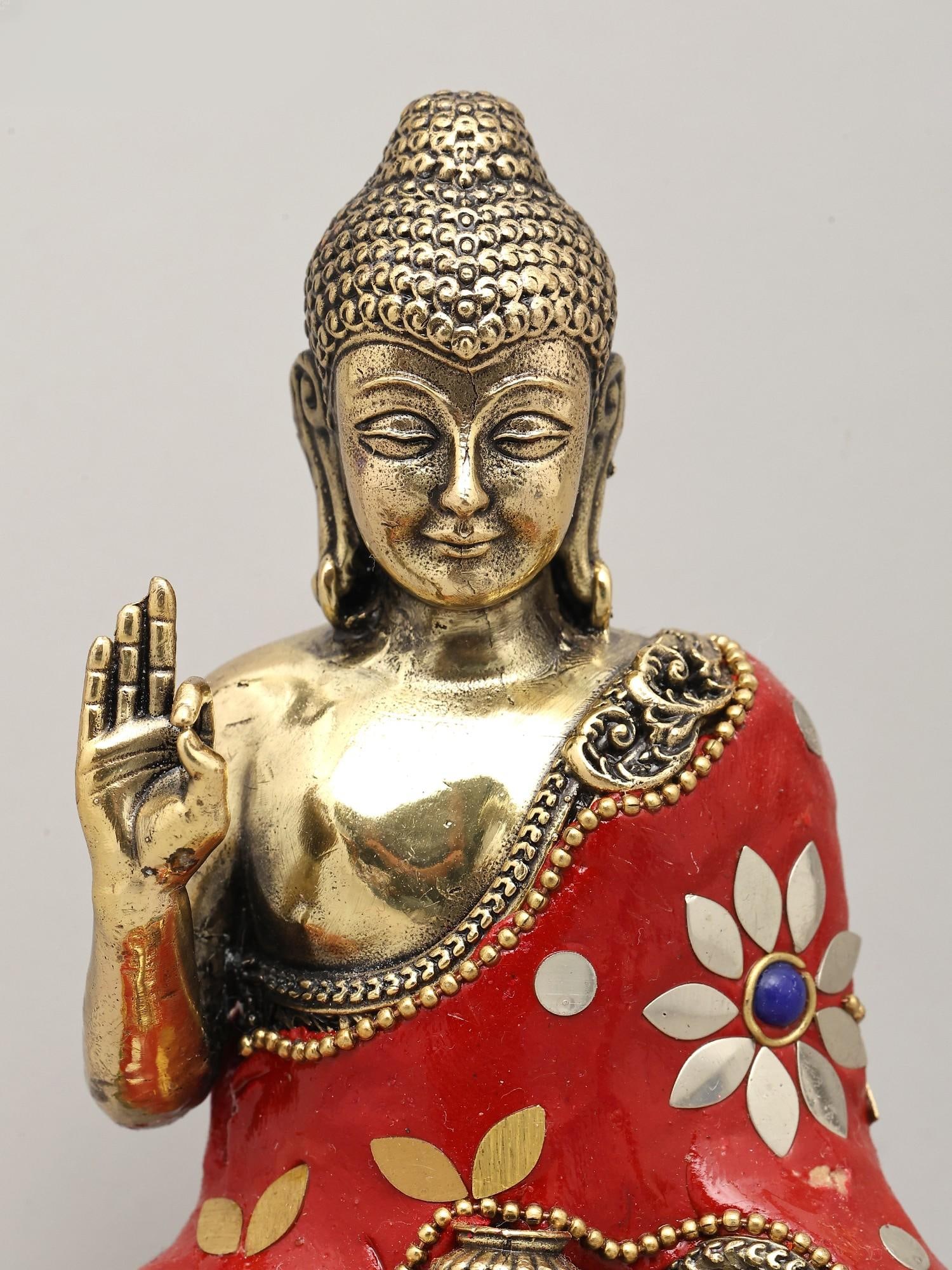 Small Superfine Lord Buddha Seated in Vitark Mudra | Brass Statue with Inlay Work - 2