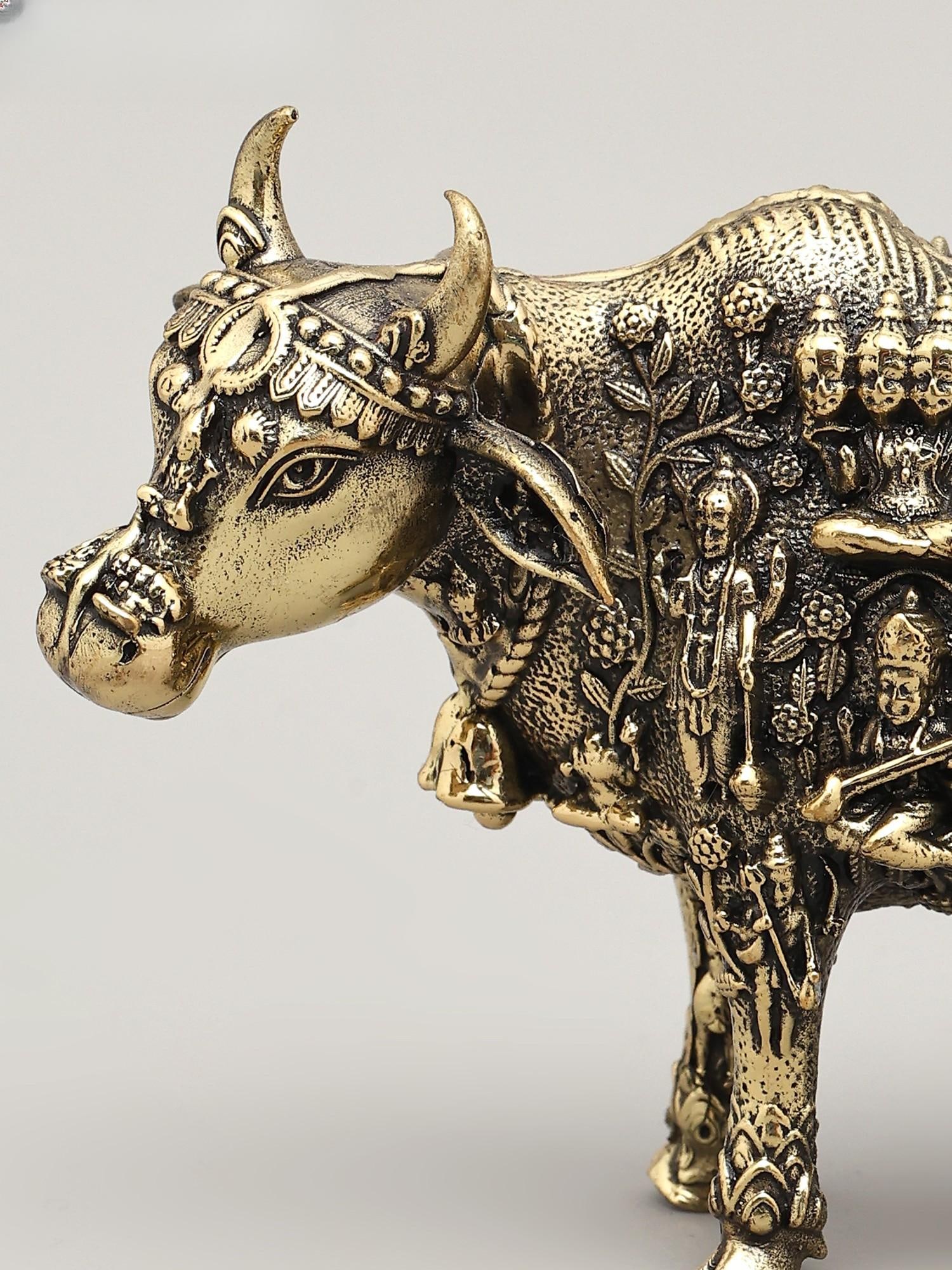 Small Superfine Kamadhenu Cow with All Gods and Goddess | Brass Statue - 2