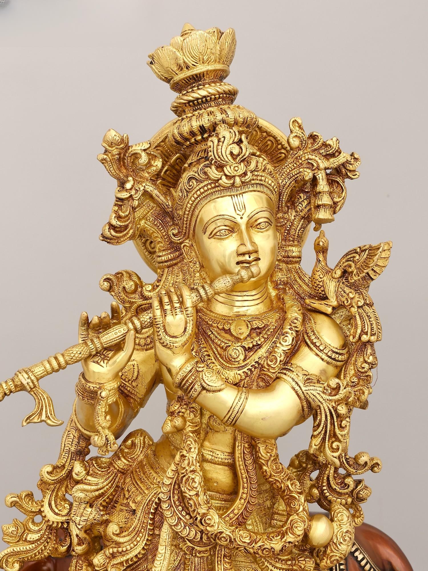 28" Brass Venugopala Idol (Pedestal Engraved with the Bal Leela of Lord Krishna) | Handmade | Made - 2