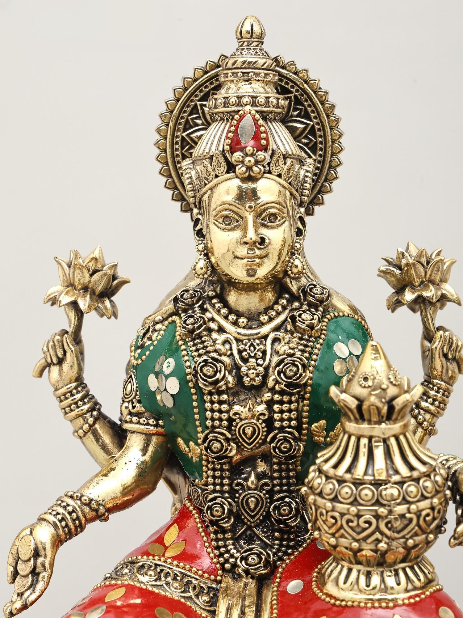 10" Superfine Lakshmi Ganesha Pair | Brass Statue with Inlay Work - 2